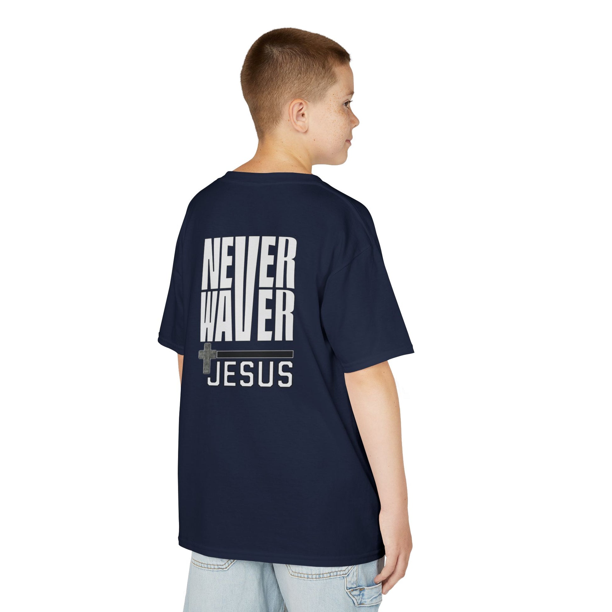 Kids Golf Tee -Never Waver” Jesus a bold, eye-catching design that reflects a steadfast faith and confidence in Christ. - Never Waver
