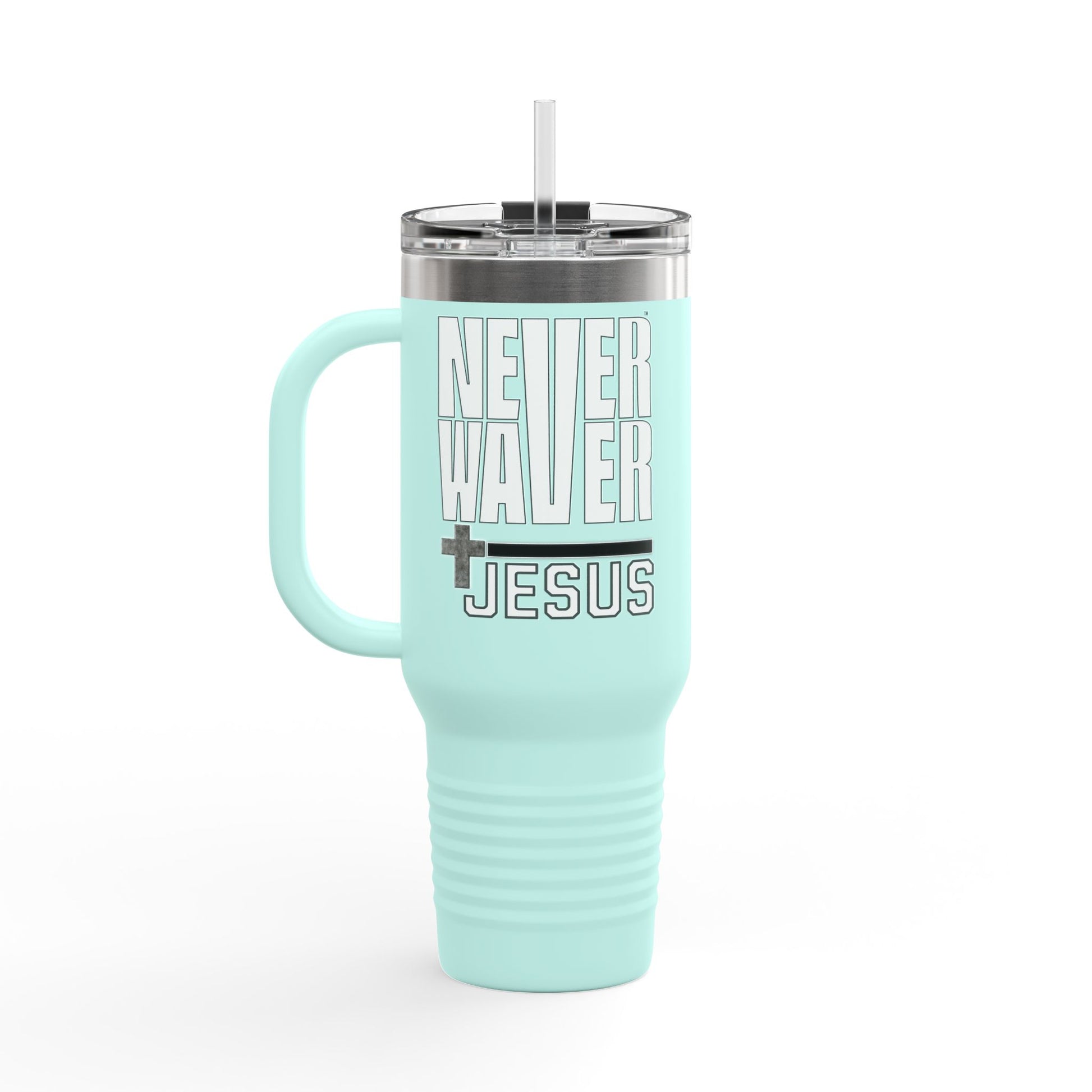 Insulated Travel Mug - "Never Waver” Jesus a bold, eye-catching design that reflects a steadfast faith and confidence in Christ. " - 40oz Sporty Drinkware - Never Waver