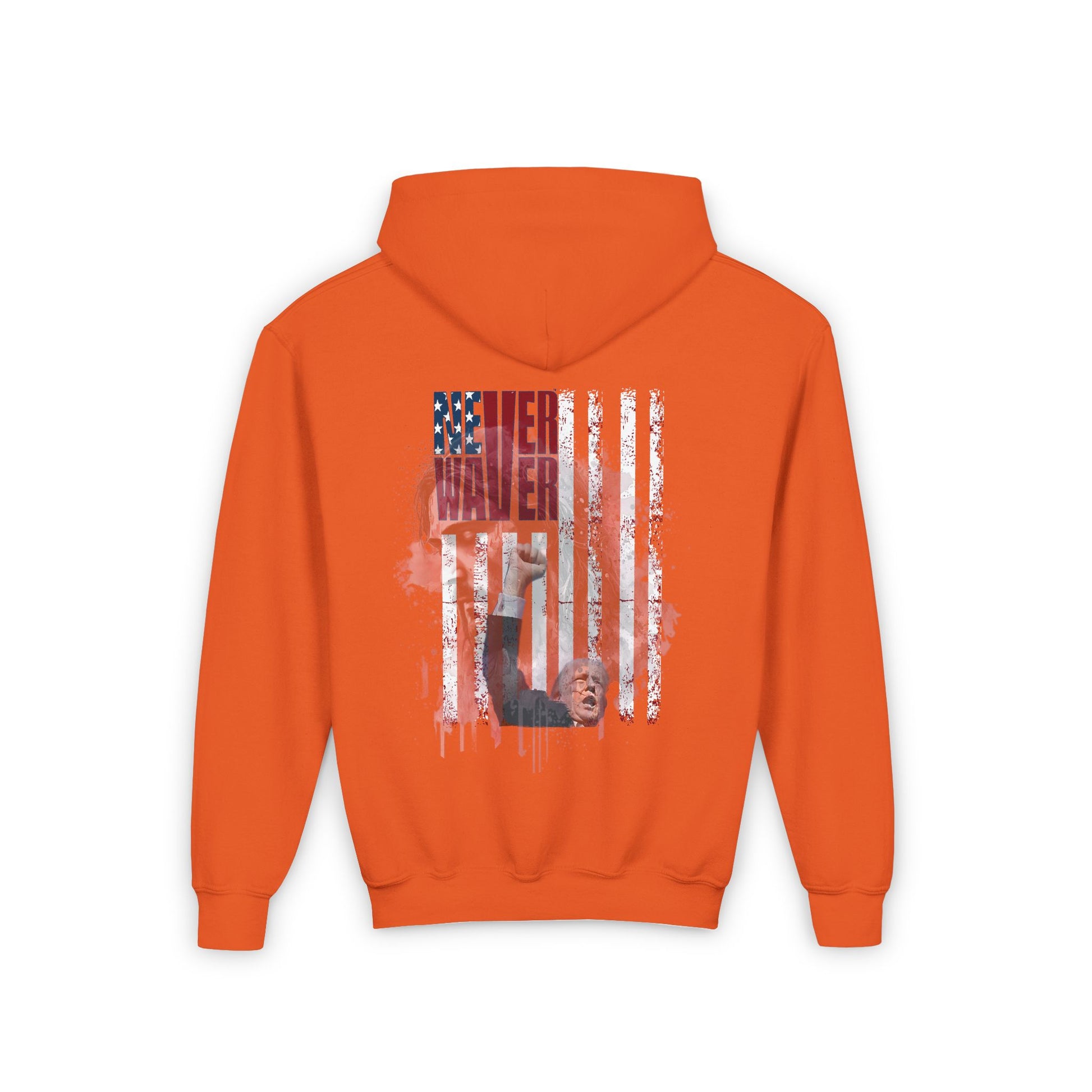 Never Waver Trump Fist Pump W Jesus Protection Vintage-Inspired Youth Hoodie with American Flag Design - Never Waver
