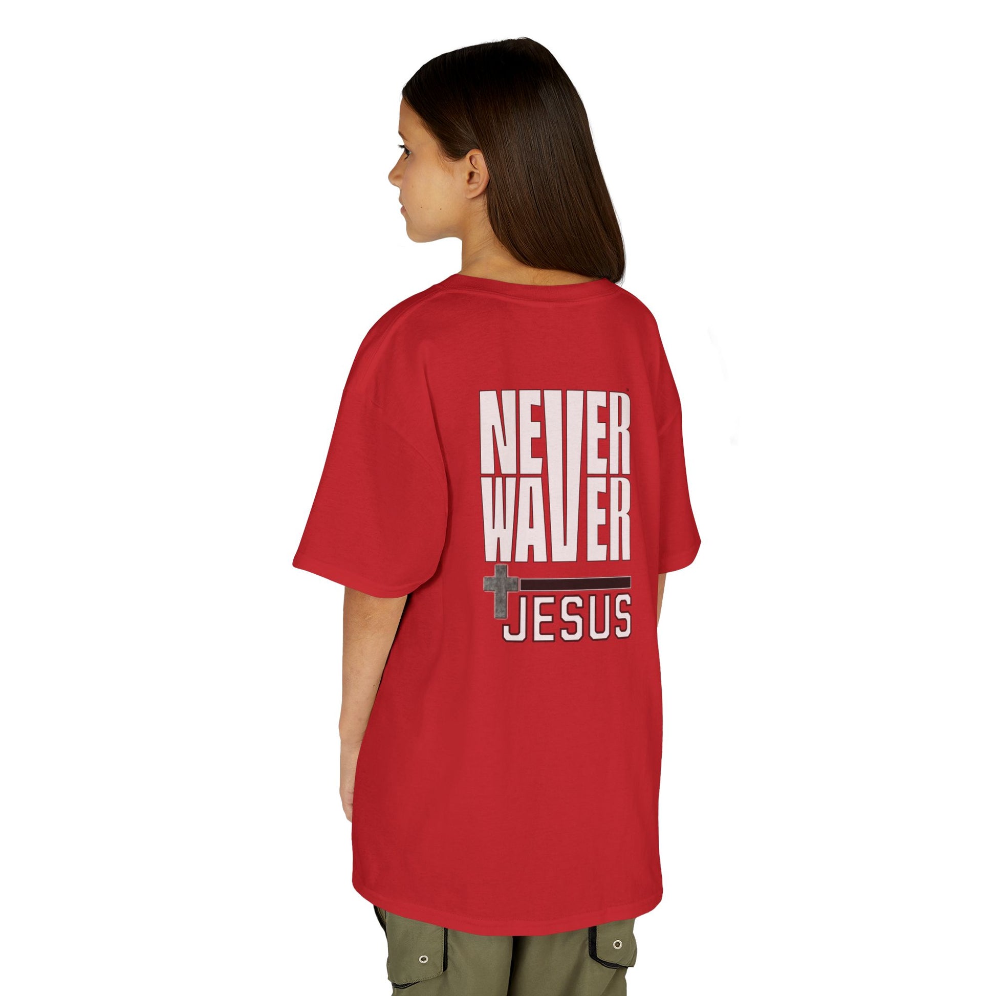 Kids Golf Tee -Never Waver” Jesus a bold, eye-catching design that reflects a steadfast faith and confidence in Christ. - Never Waver