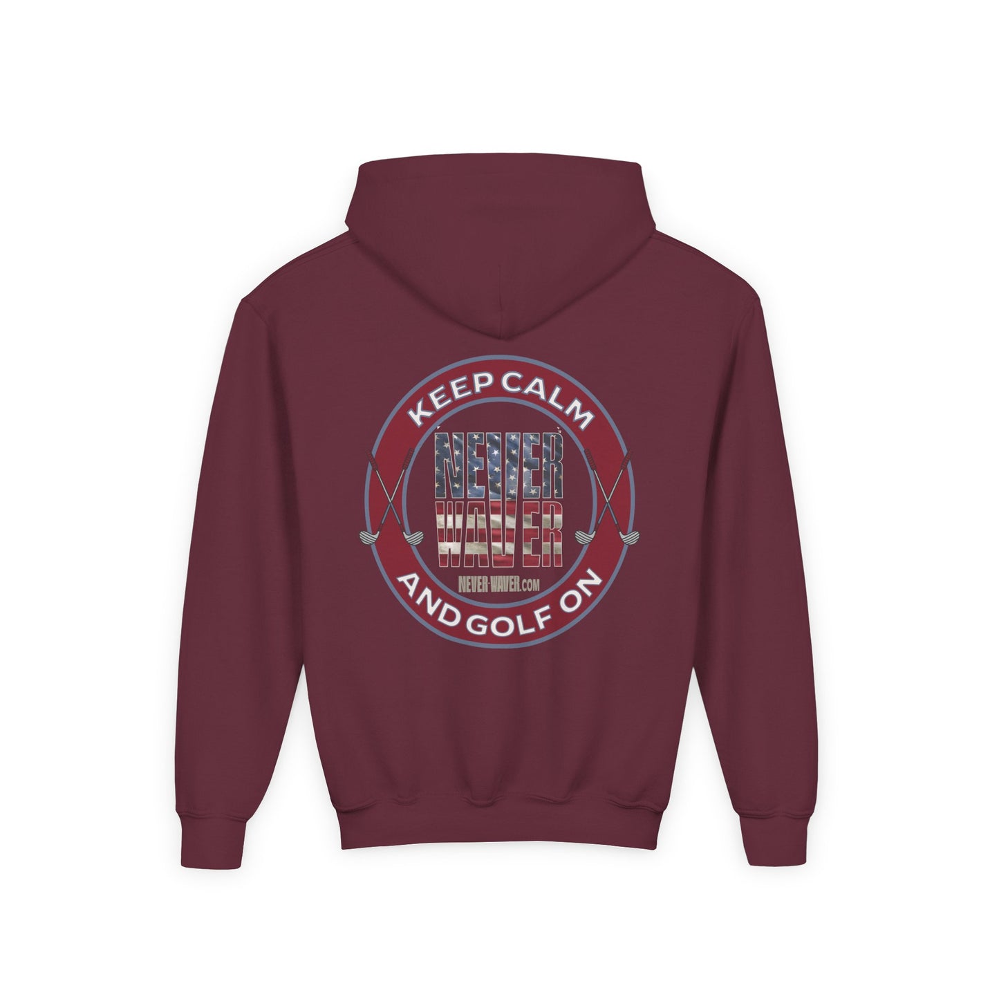 Youth Golf Hoodie - "Keep Calm Never Waver and Golf On" Sweatshirt for Young Golfers - Never Waver