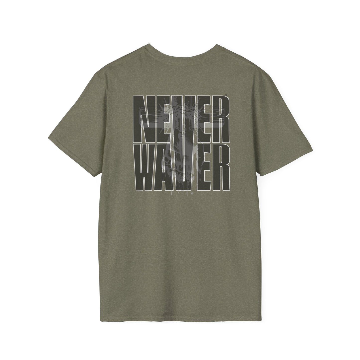 Never Waver” Jesus a bold, eye-catching design that reflects a steadfast faith and confidence in Christ. Unisex Soft style T-Shirt - Never Waver