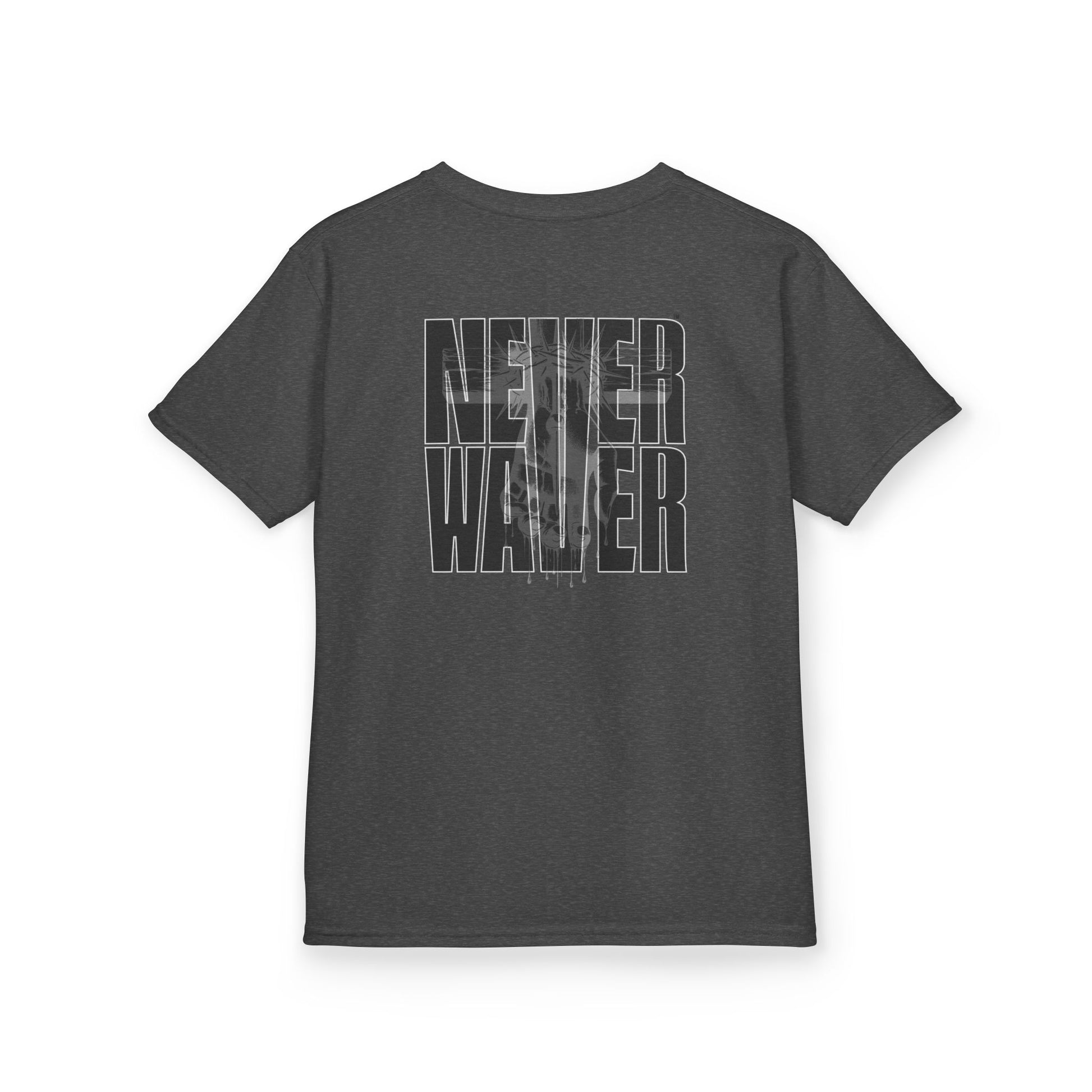 Kids Tee Never Waver” Jesus t-shirt might feature a bold, eye-catching design that reflects a steadfast faith and confidence in Christ.  - Never Waver