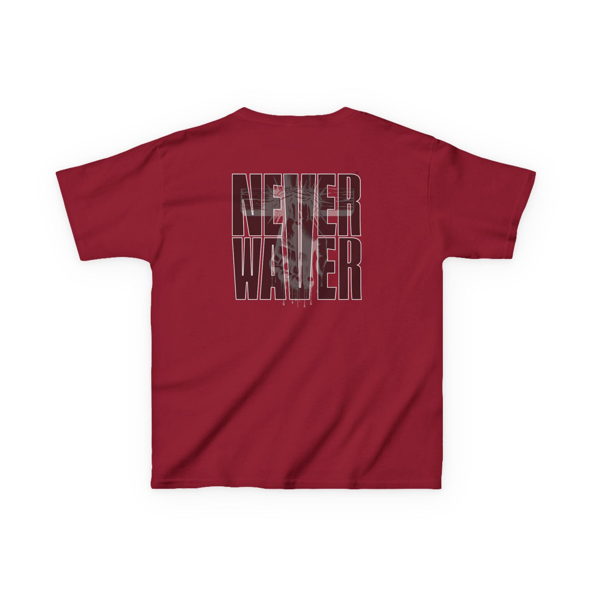 Kids Tee Never Waver” Jesus t-shirt might feature a bold, eye-catching design that reflects a steadfast faith and confidence in Christ.  - Never Waver