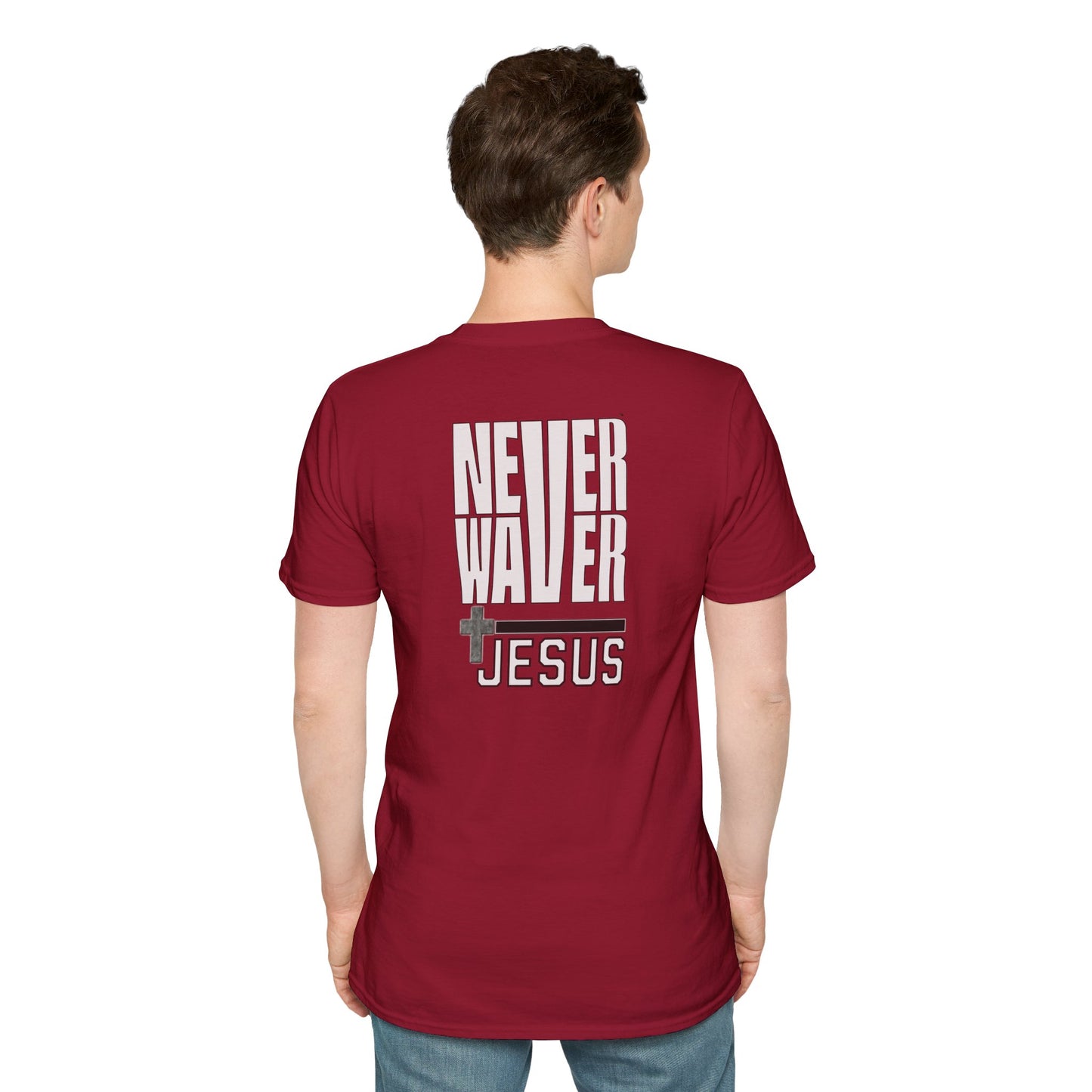Never Waver” Jesus a bold, eye-catching design that reflects a steadfast faith and confidence in Christ.  Unisex Soft style T-Shirt