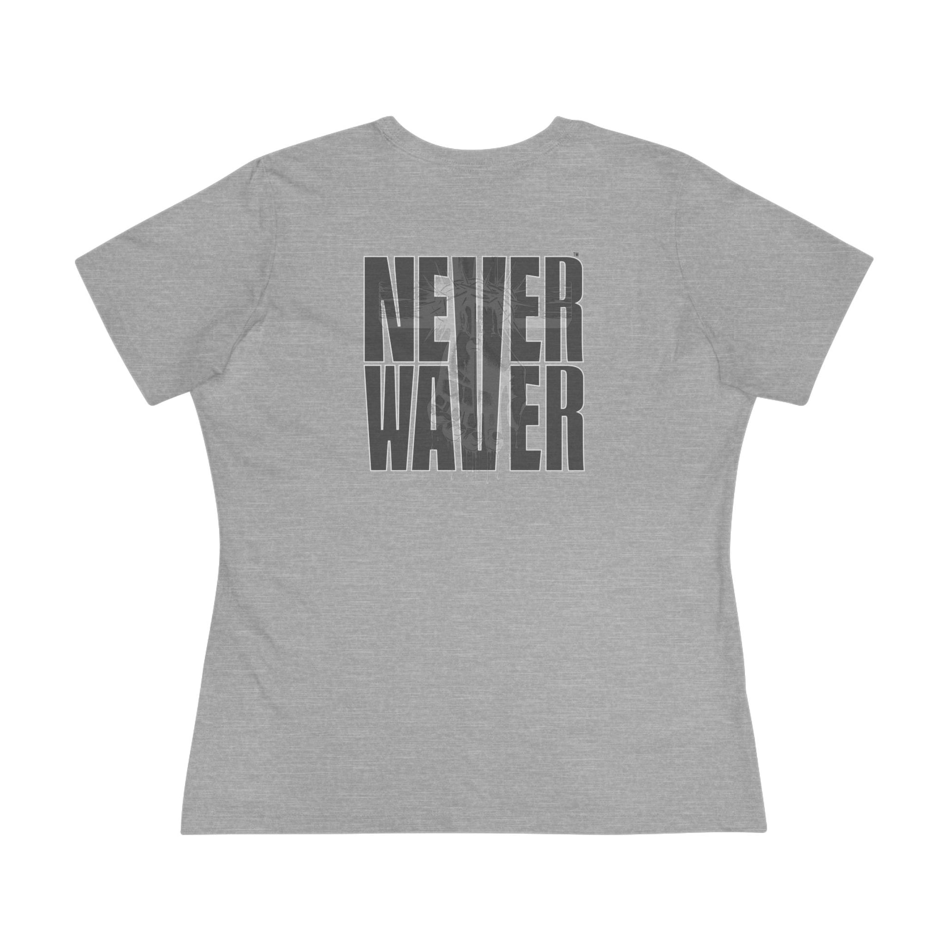 Never Waver” Jesus t-shirt might feature a bold, eye-catching design that reflects a steadfast faith and confidence in Christ.  Women's Cotton Tee - Never Waver