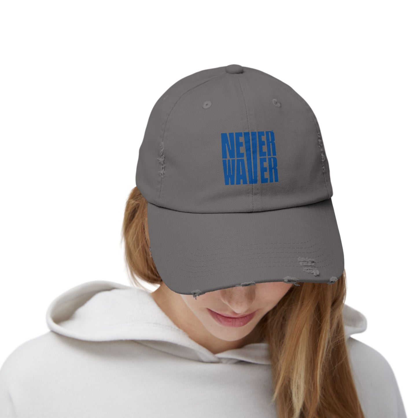 Unisex Distressed Cap - ‘NEVER WAVER’ Motivational Hat for Everyday Inspiration