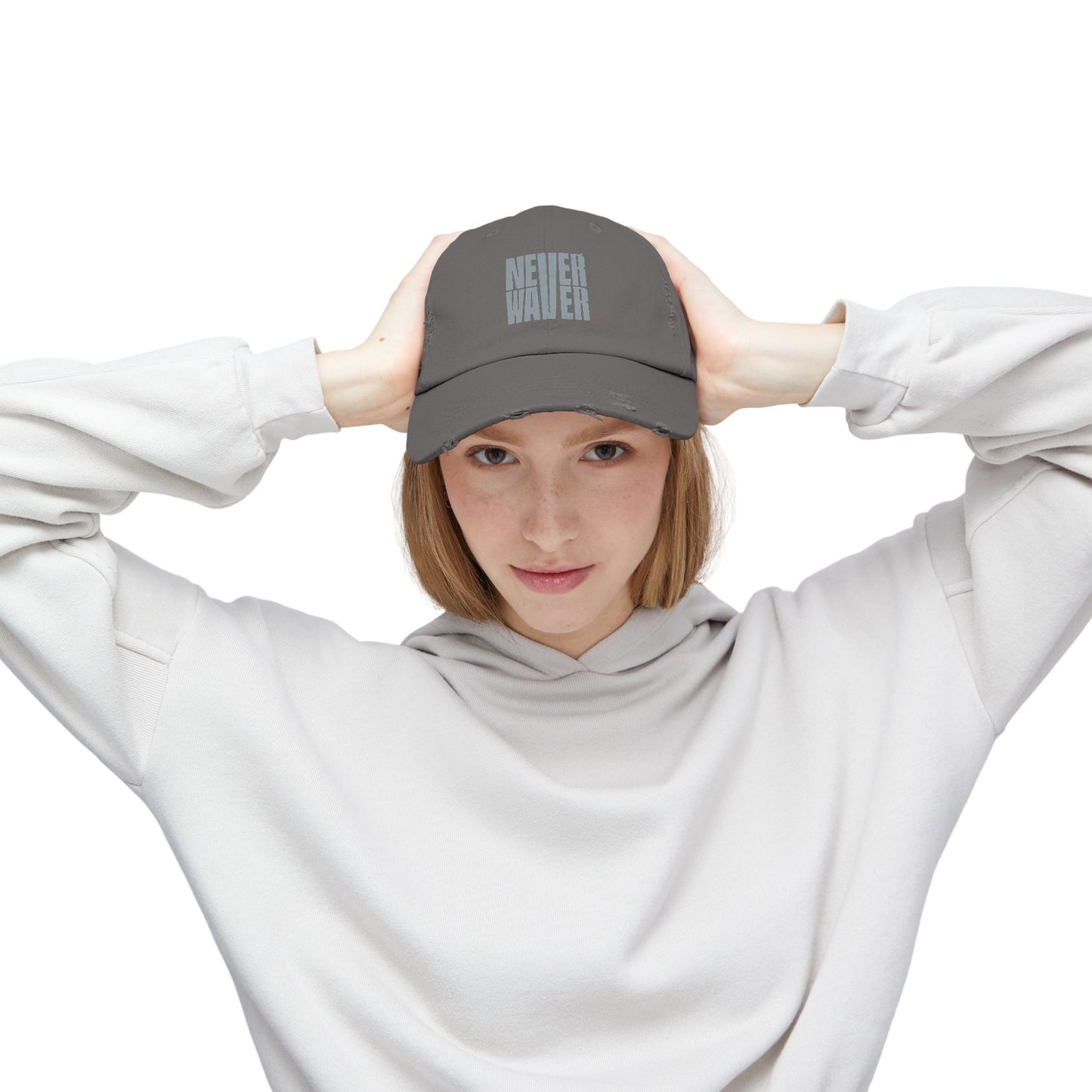 Unisex Distressed Cap - 'Never Waver' Casual Hat for Everyday Style