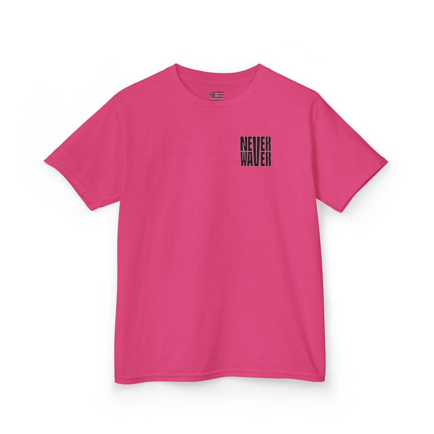 Kids Tee Never Waver” Jesus t-shirt might feature a bold, eye-catching design that reflects a steadfast faith and confidence in Christ.  - Never Waver