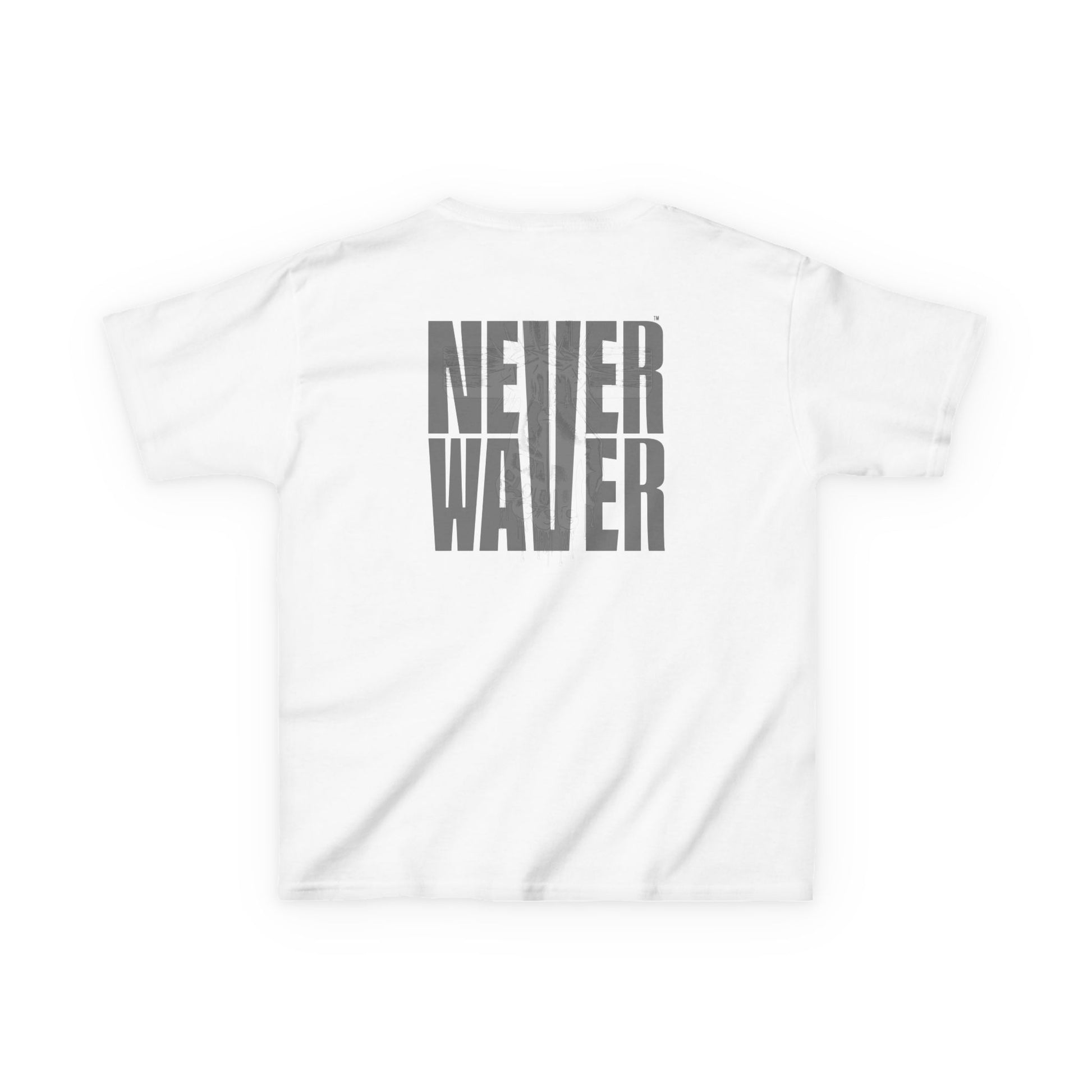 Kids Tee Never Waver” Jesus t-shirt might feature a bold, eye-catching design that reflects a steadfast faith and confidence in Christ.  - Never Waver