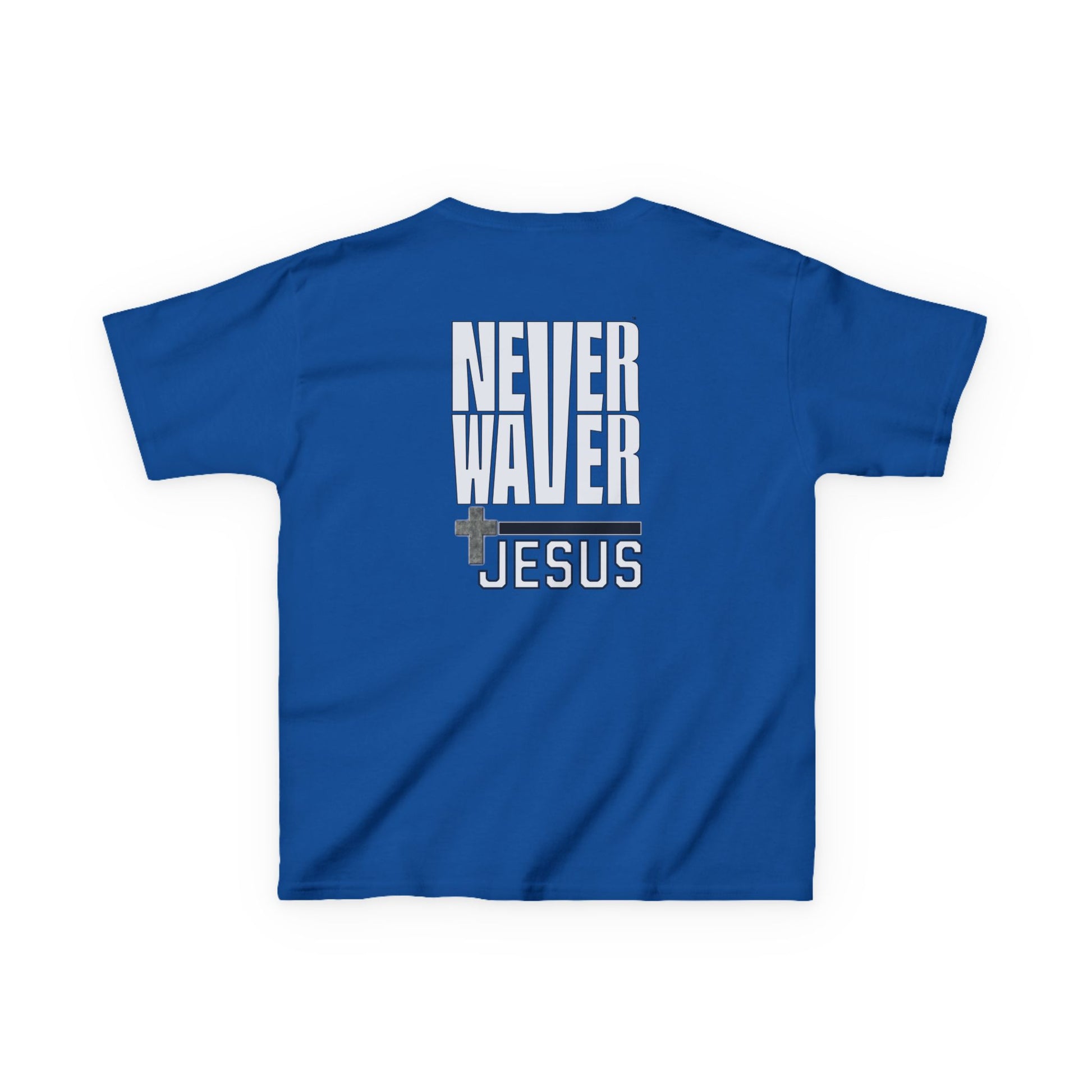 Kids Golf Tee -Never Waver” Jesus a bold, eye-catching design that reflects a steadfast faith and confidence in Christ. - Never Waver