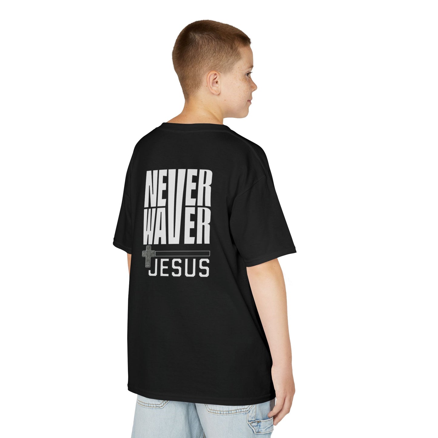 Kids Golf Tee -Never Waver” Jesus a bold, eye-catching design that reflects a steadfast faith and confidence in Christ. - Never Waver