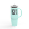 Insulated Travel Mug - "Never Wave Jesus  feature a bold, eye-catching design that reflects a steadfast faith and confidence in Christ. " - 40oz Sporty Drinkware - Never Waver