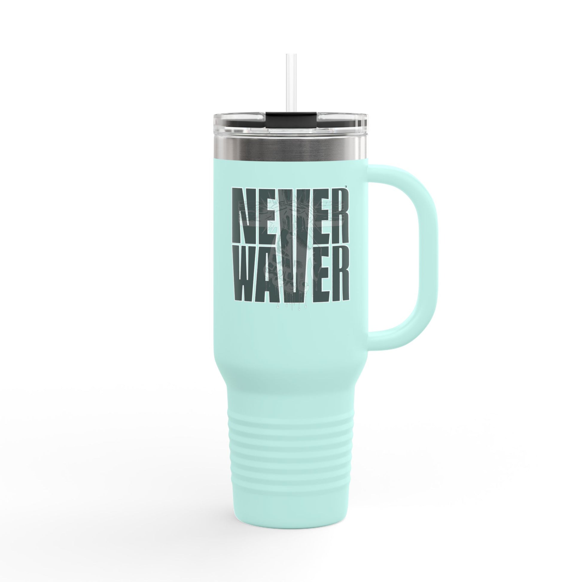 Insulated Travel Mug - "Never Wave Jesus  feature a bold, eye-catching design that reflects a steadfast faith and confidence in Christ. " - 40oz Sporty Drinkware - Never Waver