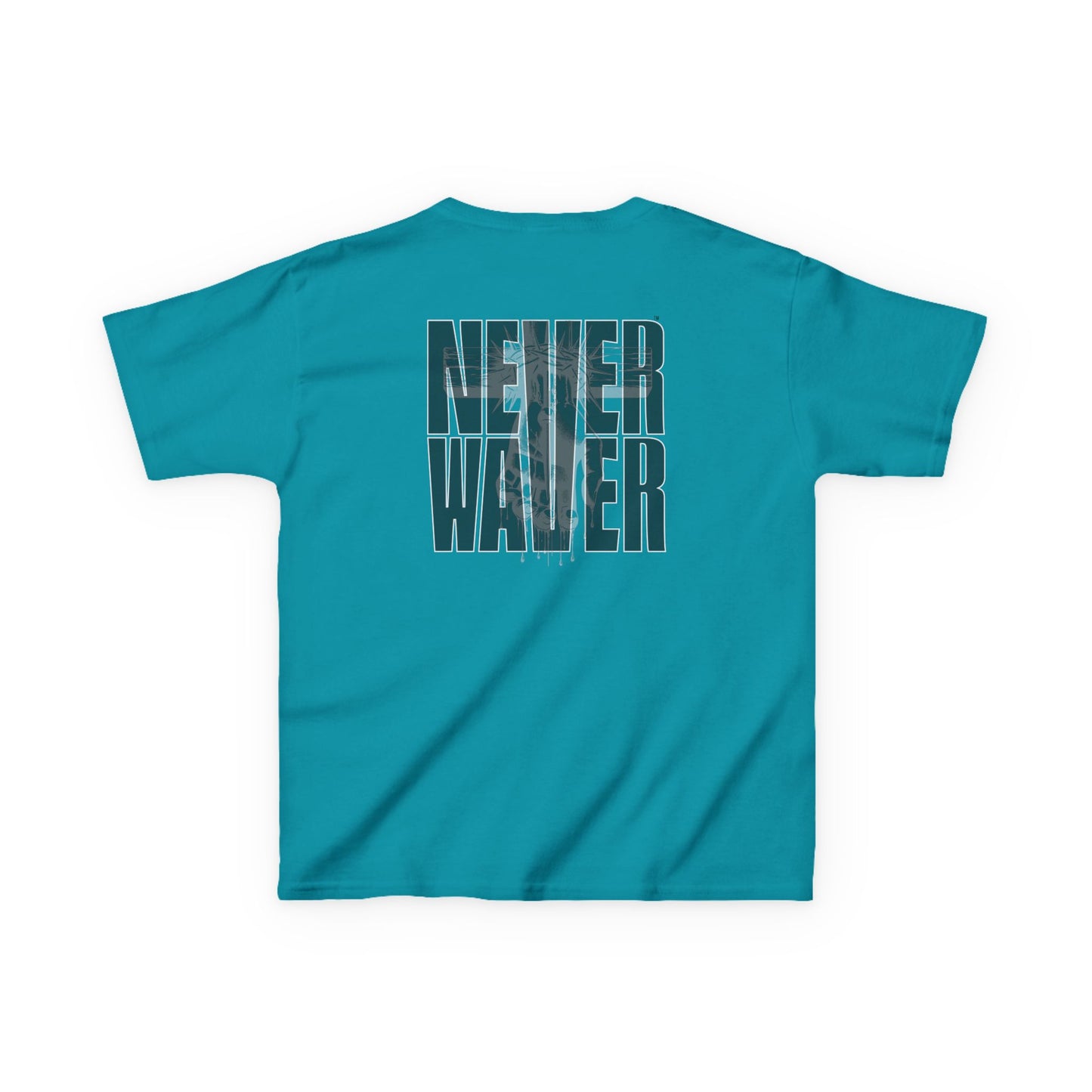 Kids Tee Never Waver” Jesus t-shirt might feature a bold, eye-catching design that reflects a steadfast faith and confidence in Christ.  - Never Waver
