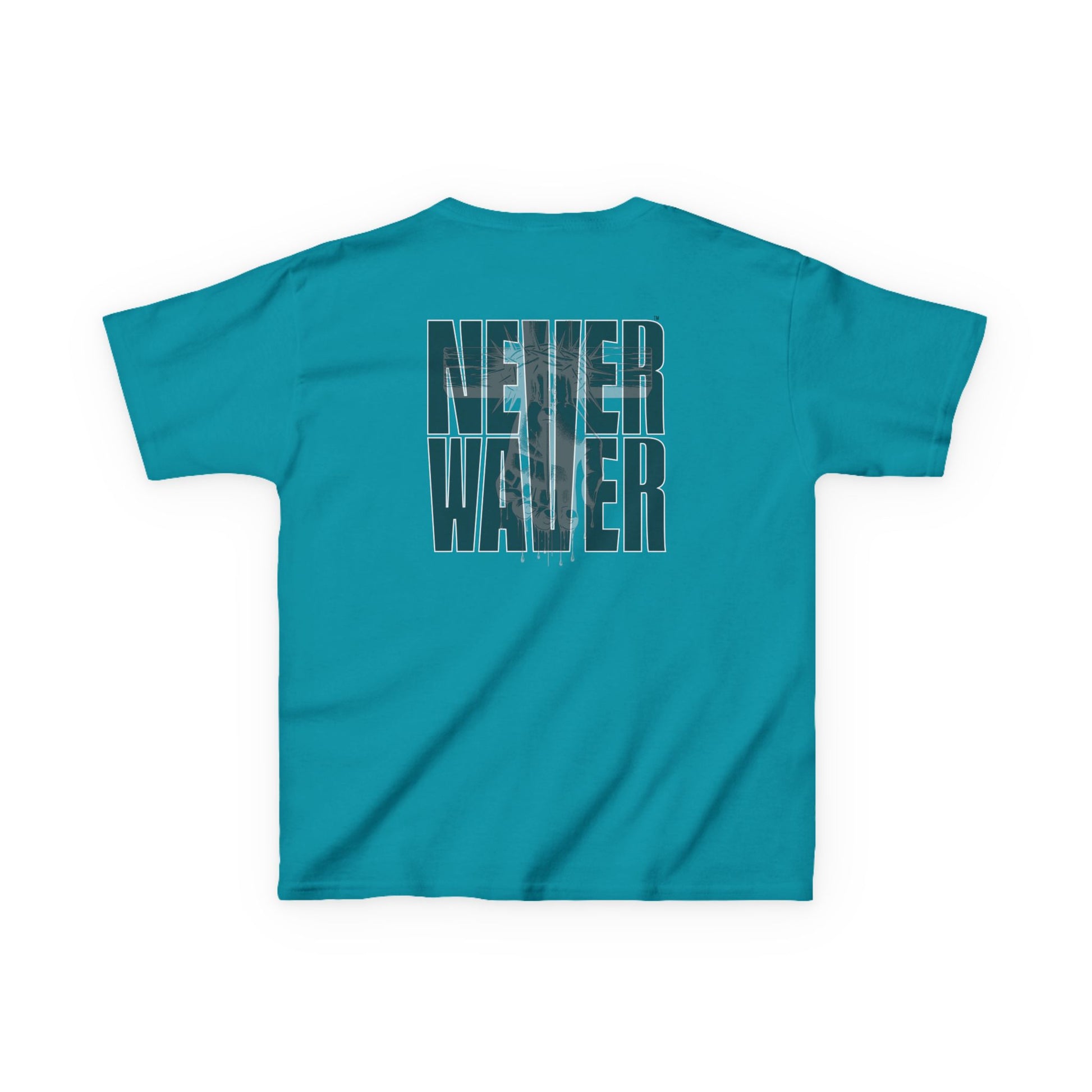 Kids Tee Never Waver” Jesus t-shirt might feature a bold, eye-catching design that reflects a steadfast faith and confidence in Christ.  - Never Waver