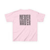 Kids Tee Never Waver” Jesus t-shirt might feature a bold, eye-catching design that reflects a steadfast faith and confidence in Christ.  - Never Waver