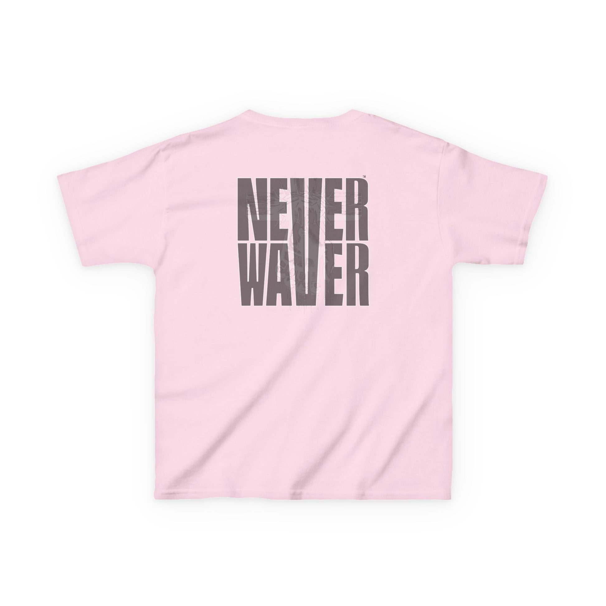 Kids Tee Never Waver” Jesus t-shirt might feature a bold, eye-catching design that reflects a steadfast faith and confidence in Christ.  - Never Waver