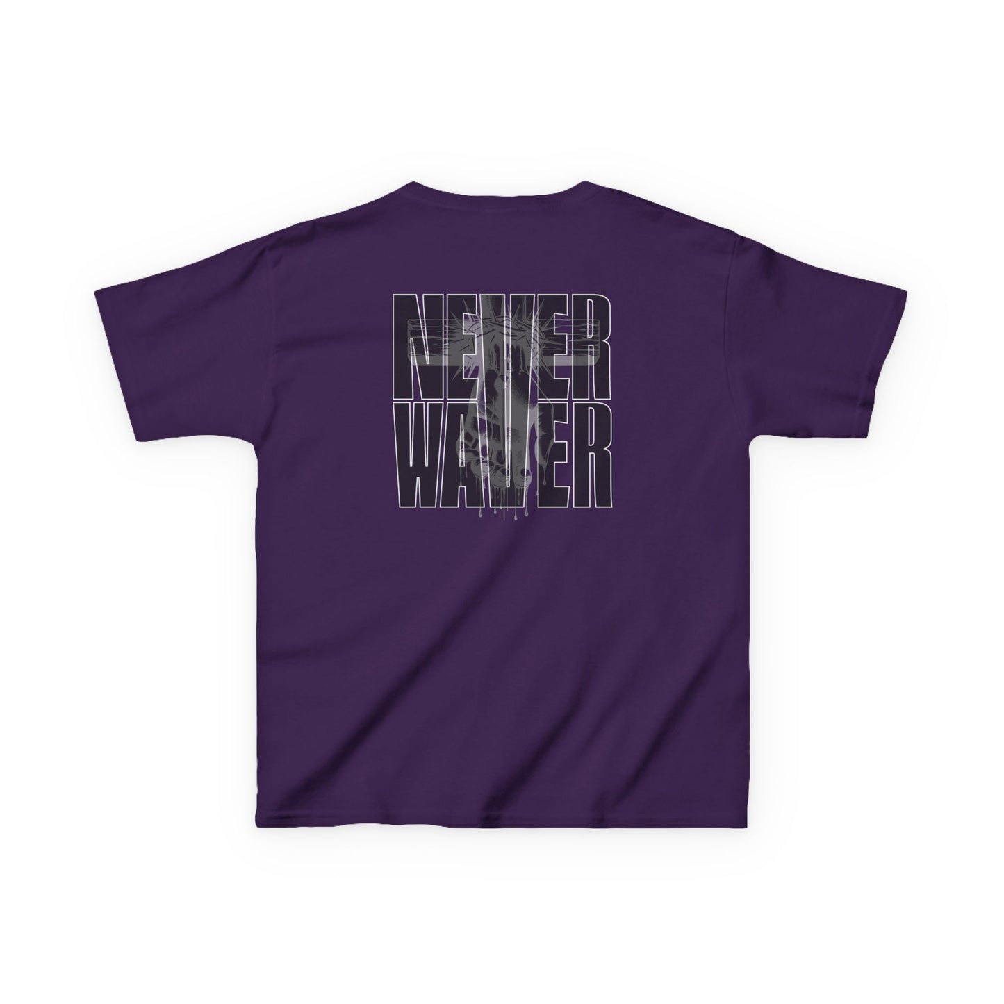 Kids Tee Never Waver” Jesus t-shirt might feature a bold, eye-catching design that reflects a steadfast faith and confidence in Christ.  - Never Waver