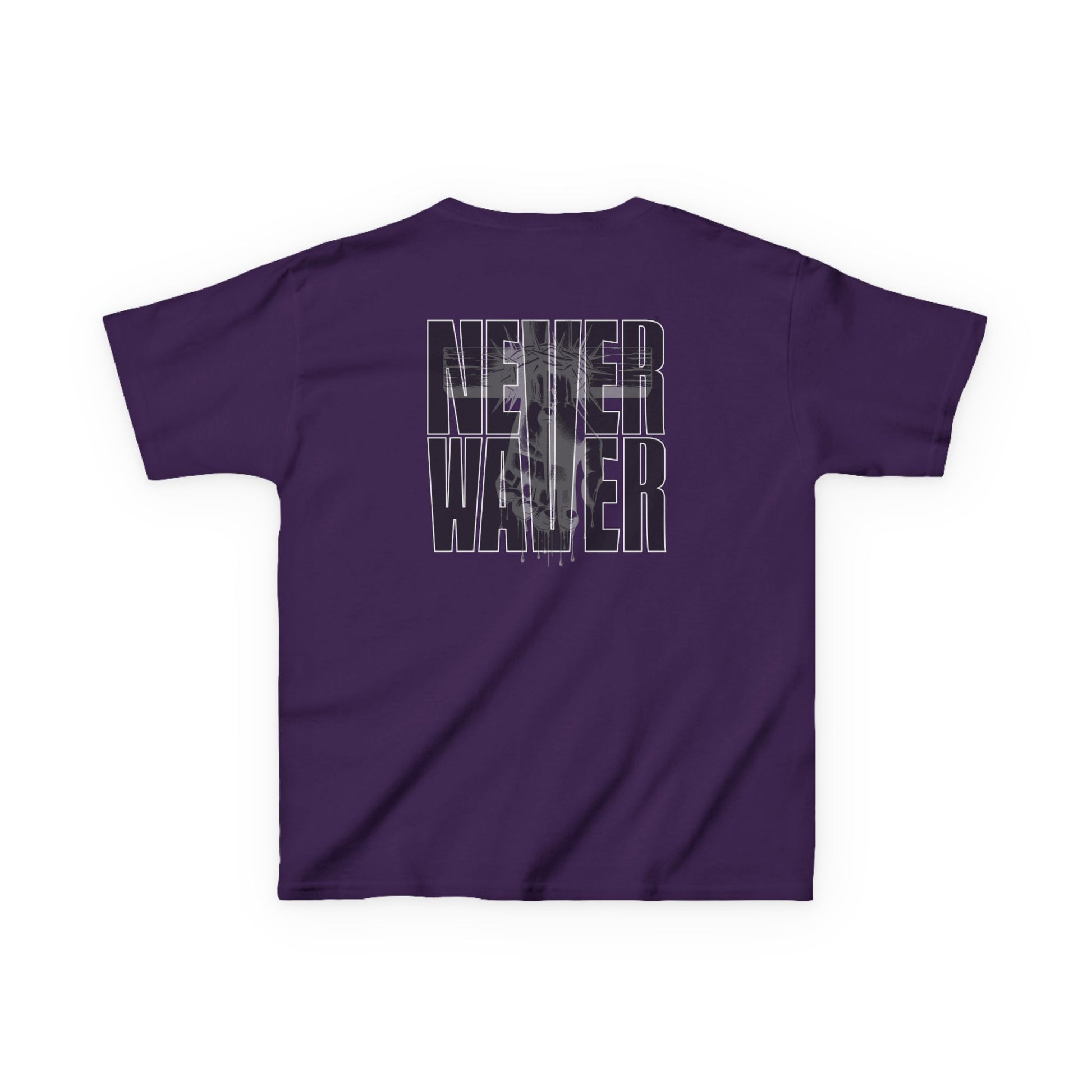 Kids Tee Never Waver” Jesus t-shirt might feature a bold, eye-catching design that reflects a steadfast faith and confidence in Christ.  - Never Waver