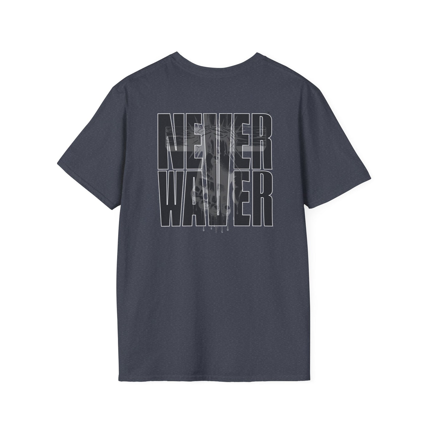 Never Waver” Jesus a bold, eye-catching design that reflects a steadfast faith and confidence in Christ. Unisex Soft style T-Shirt - Never Waver