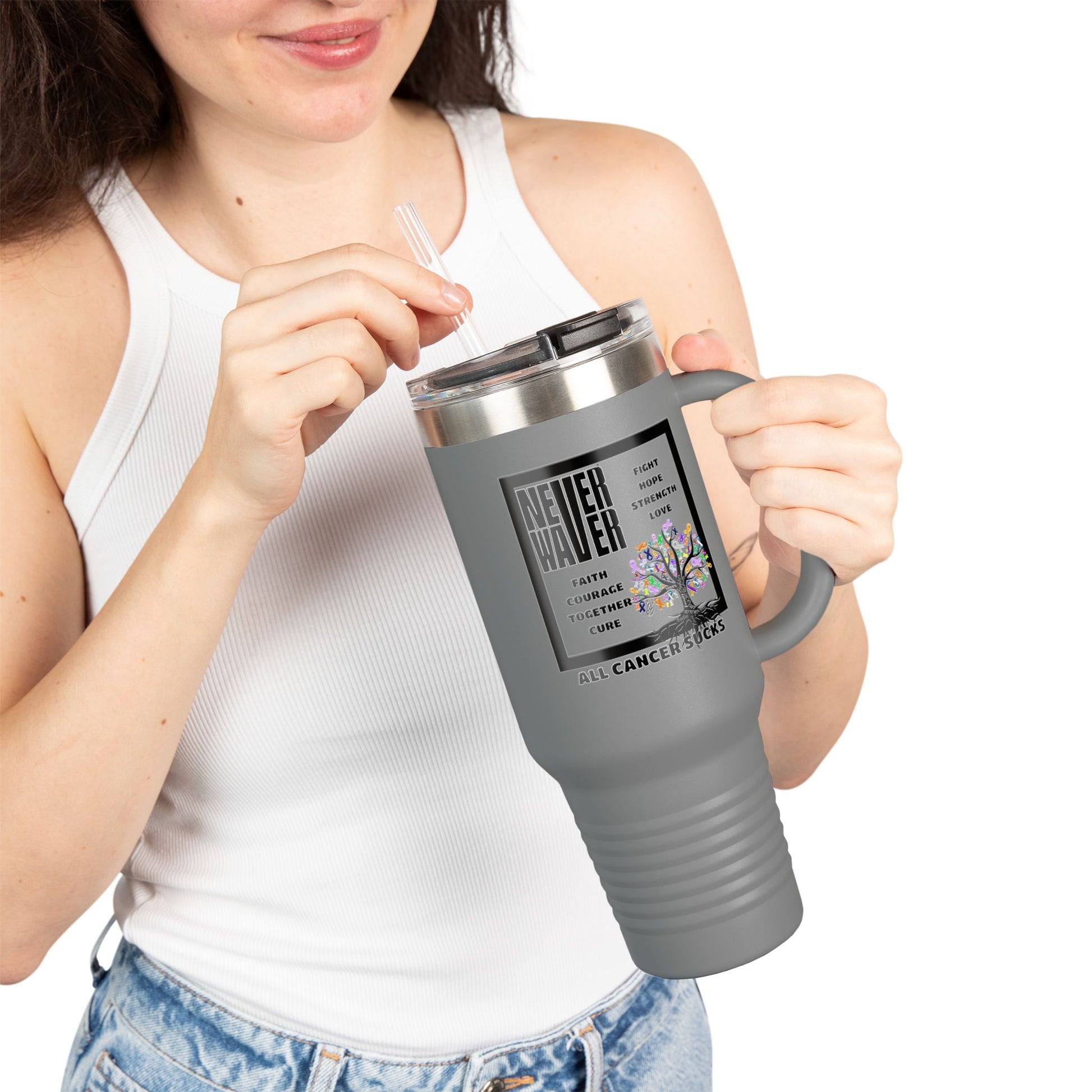 Insulated Travel Mug - Never Waver Tree of Cancer Ribbons, 40oz - Never Waver