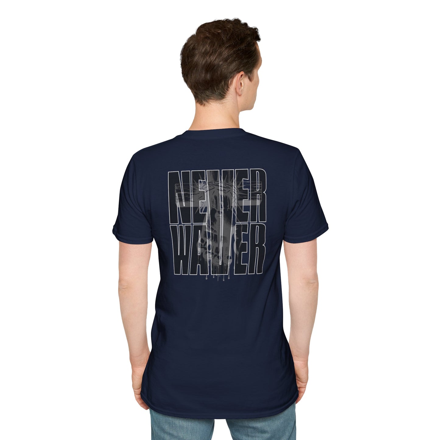 Never Waver” Jesus a bold, eye-catching design that reflects a steadfast faith and confidence in Christ. Unisex Soft style T-Shirt - Never Waver