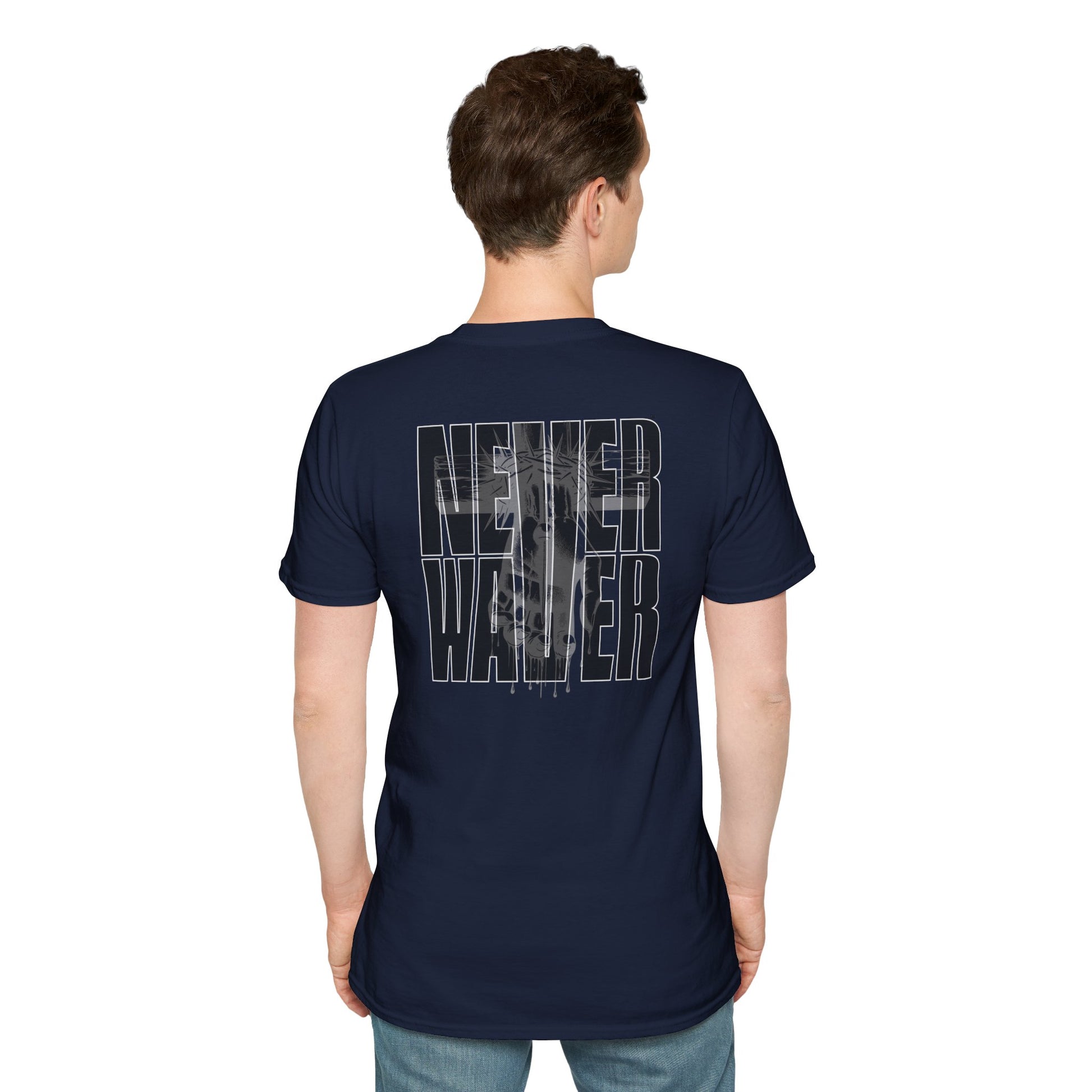 Never Waver” Jesus a bold, eye-catching design that reflects a steadfast faith and confidence in Christ. Unisex Soft style T-Shirt - Never Waver