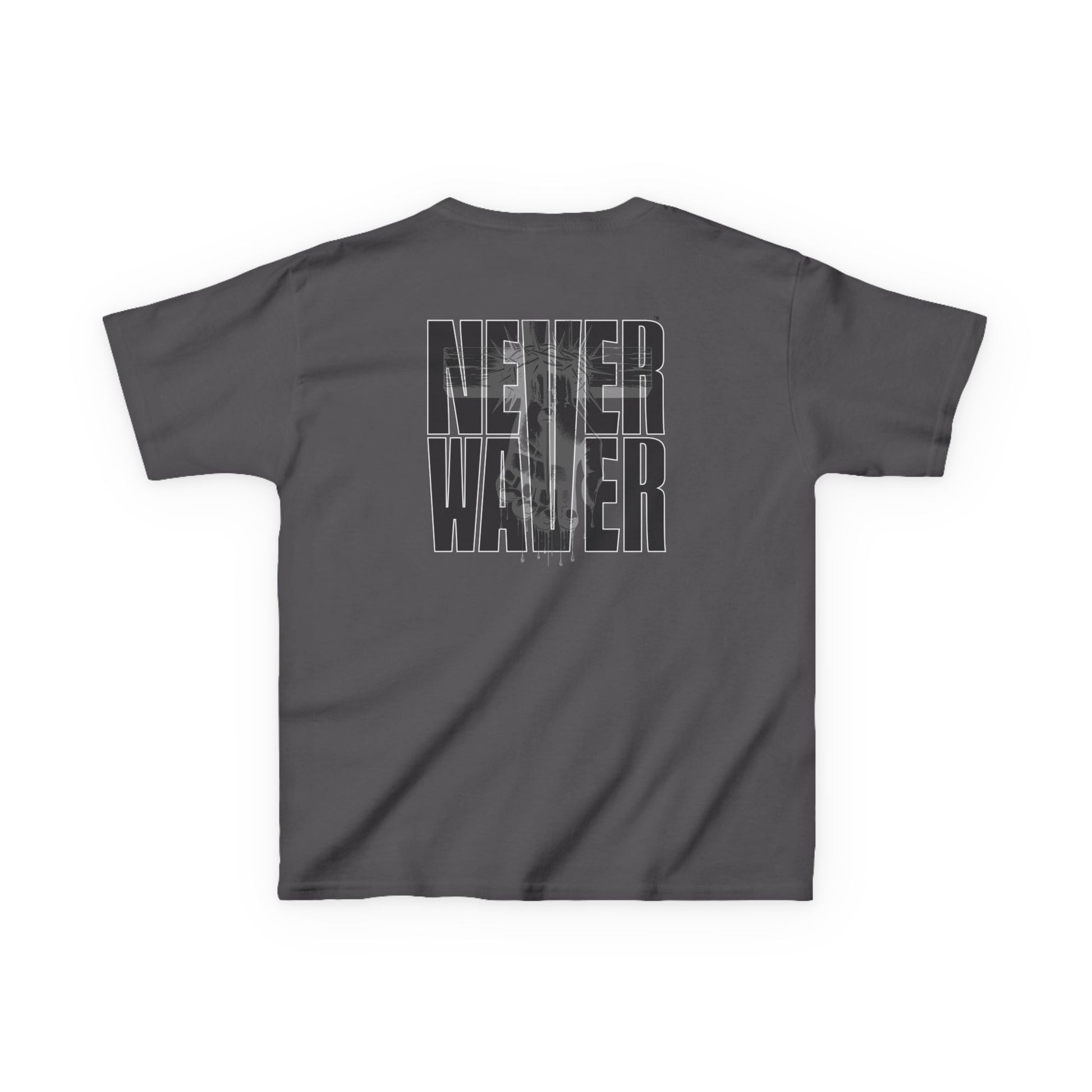 Kids Tee Never Waver” Jesus t-shirt might feature a bold, eye-catching design that reflects a steadfast faith and confidence in Christ.  - Never Waver