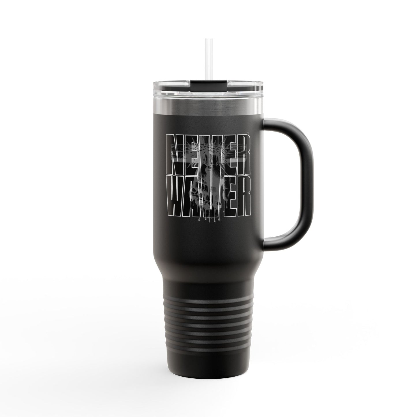 Insulated Travel Mug - "Never Wave Jesus  feature a bold, eye-catching design that reflects a steadfast faith and confidence in Christ. " - 40oz Sporty Drinkware - Never Waver