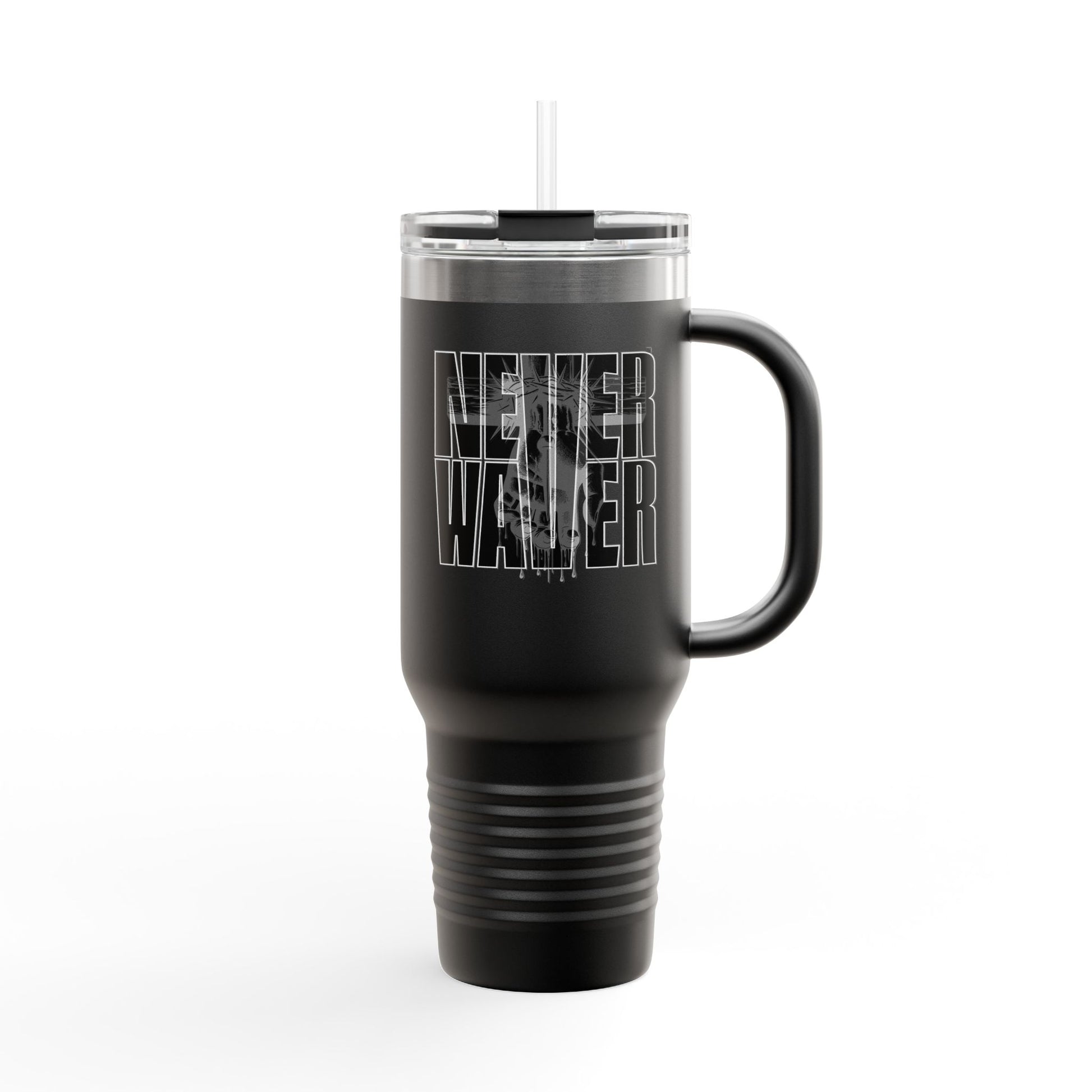 Insulated Travel Mug - "Never Wave Jesus  feature a bold, eye-catching design that reflects a steadfast faith and confidence in Christ. " - 40oz Sporty Drinkware - Never Waver