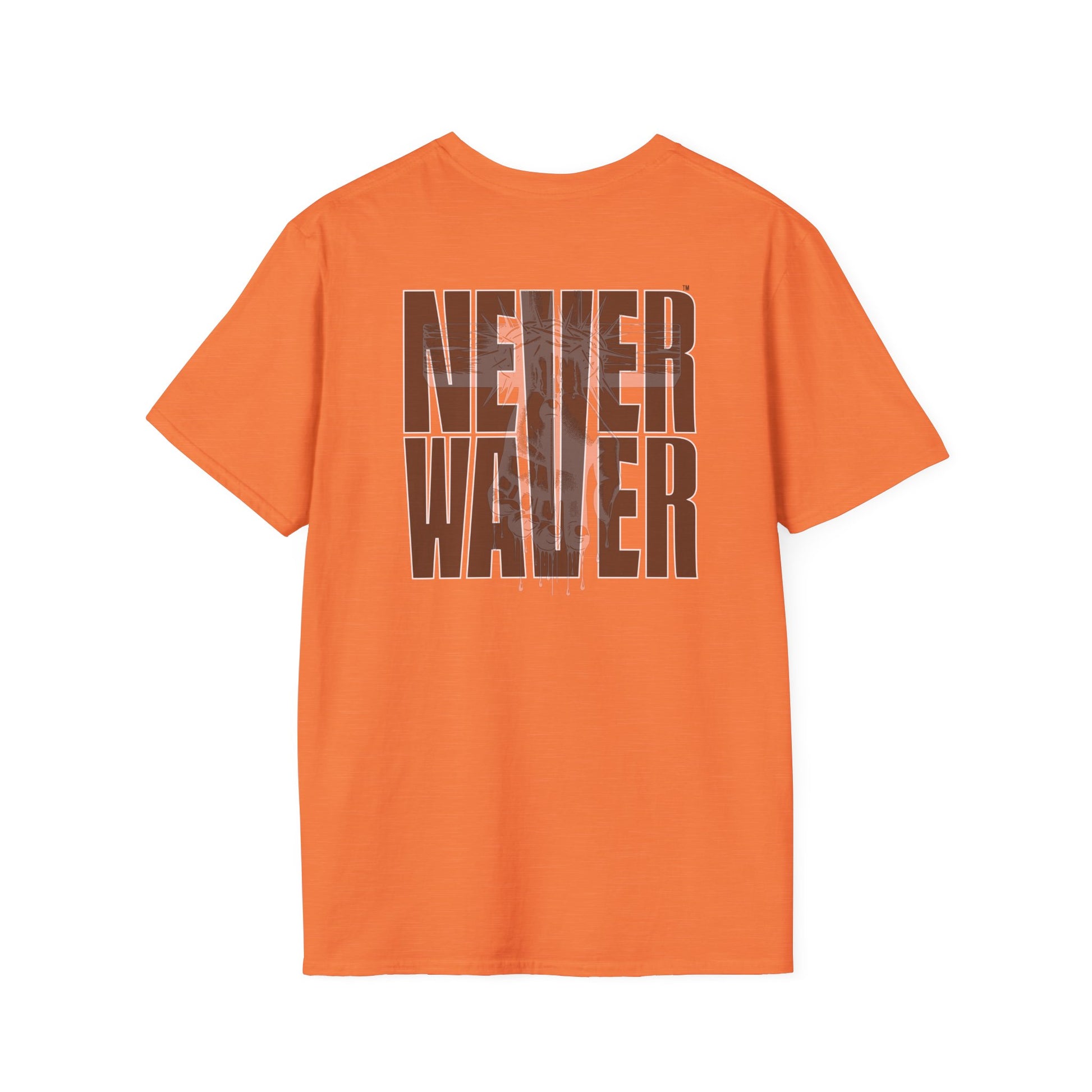 Never Waver” Jesus a bold, eye-catching design that reflects a steadfast faith and confidence in Christ. Unisex Soft style T-Shirt - Never Waver