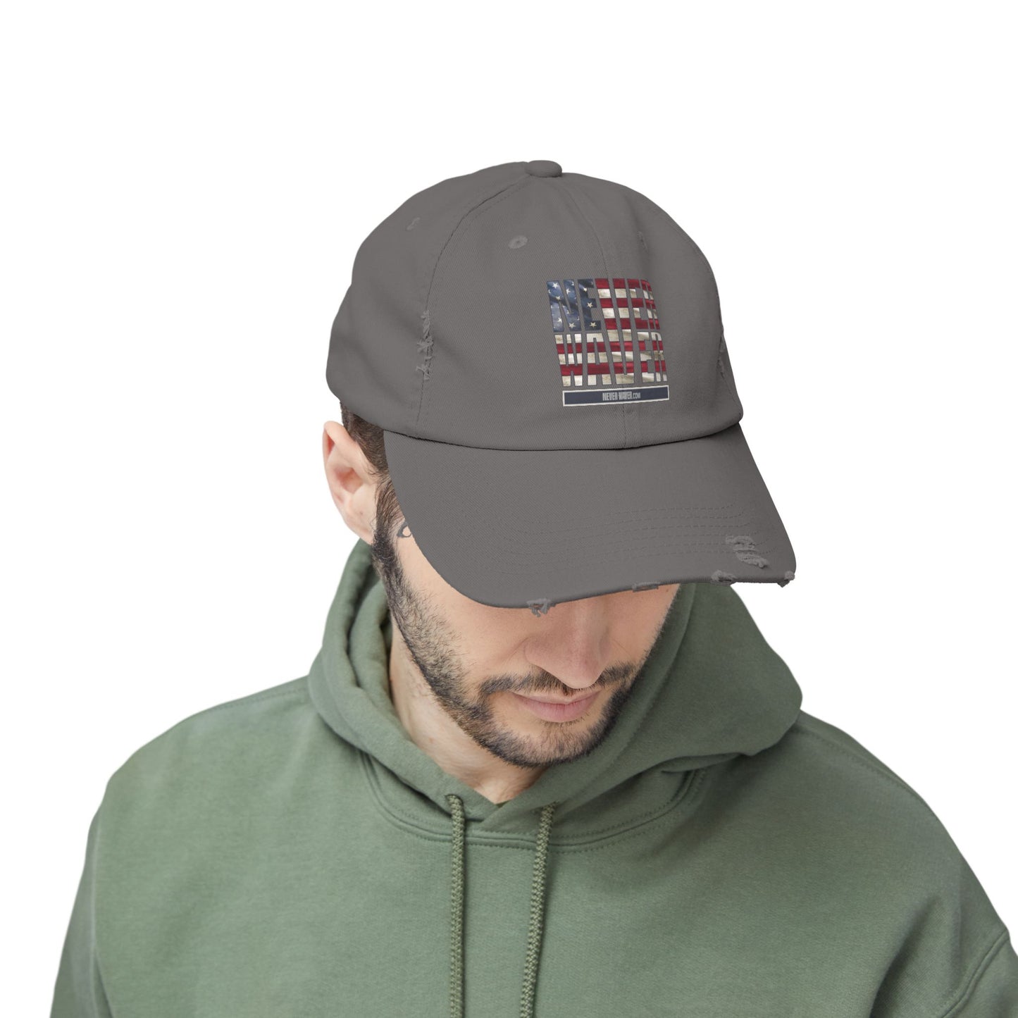 Distressed Cap - "Never Waver" Statement Hat for Everyday Style Patriotic