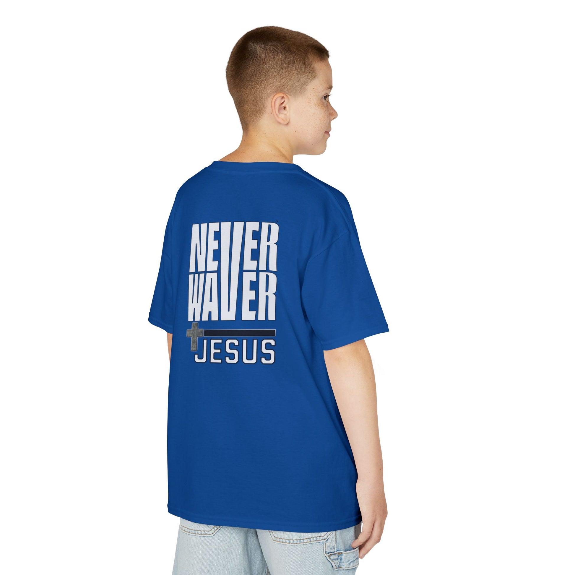 Kids Golf Tee -Never Waver” Jesus a bold, eye-catching design that reflects a steadfast faith and confidence in Christ. - Never Waver