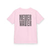Kids Tee Never Waver” Jesus t-shirt might feature a bold, eye-catching design that reflects a steadfast faith and confidence in Christ.  - Never Waver