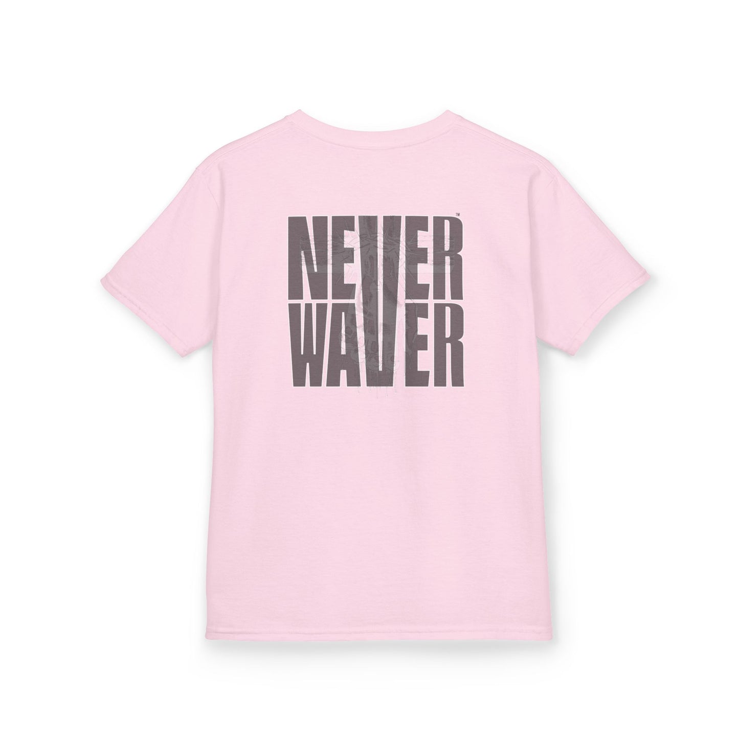 Kids Tee Never Waver” Jesus t-shirt might feature a bold, eye-catching design that reflects a steadfast faith and confidence in Christ.  - Never Waver