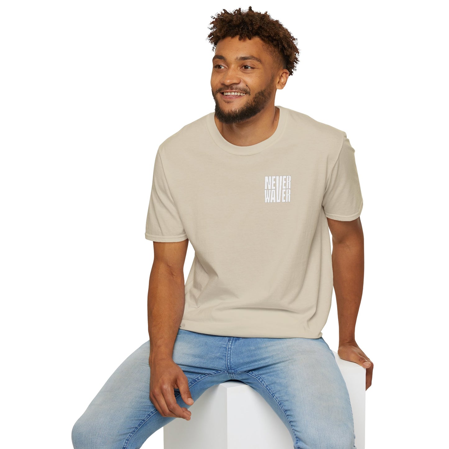 Never Waver” Jesus a bold, eye-catching design that reflects a steadfast faith and confidence in Christ.  Unisex Soft style T-Shirt