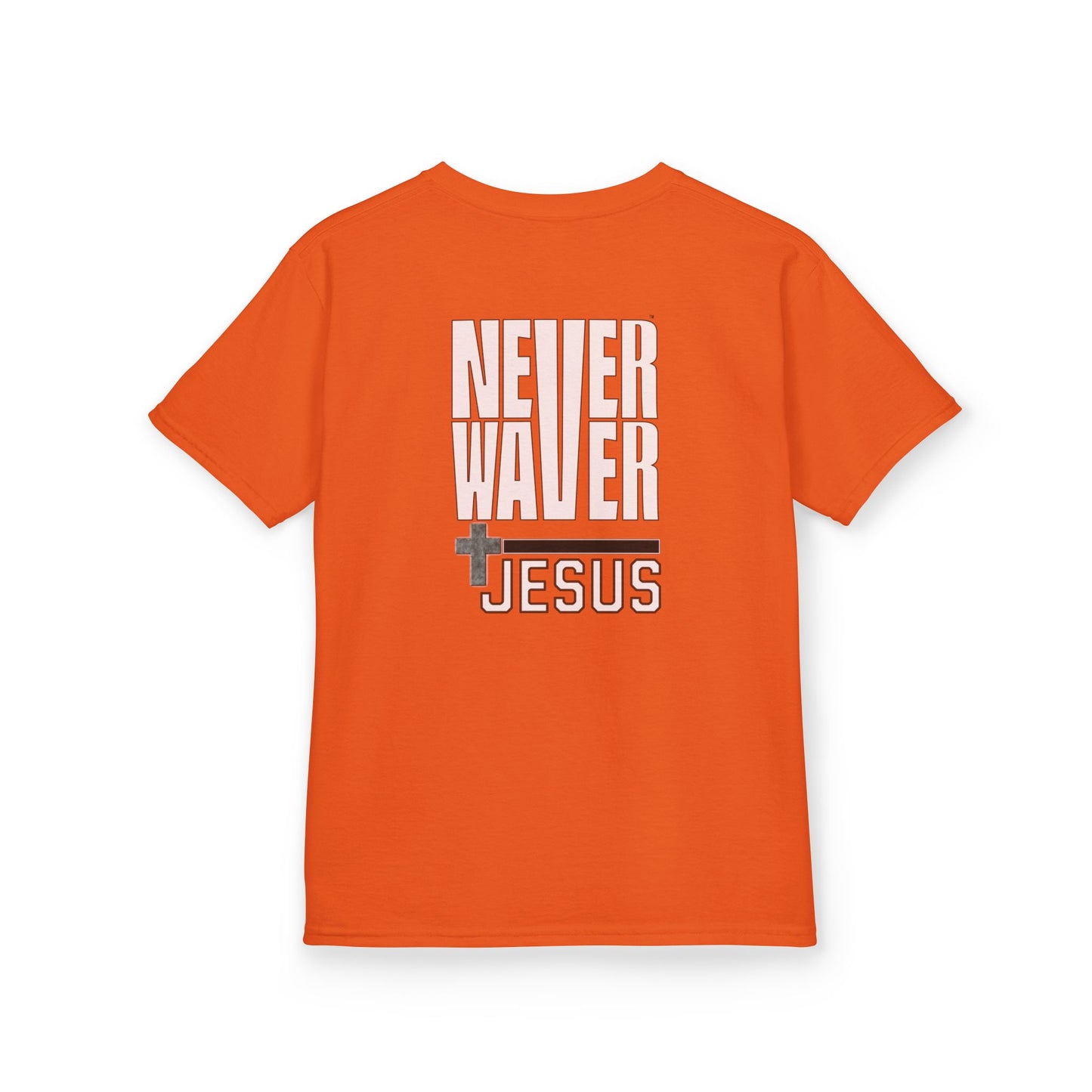 Kids Golf Tee -Never Waver” Jesus a bold, eye-catching design that reflects a steadfast faith and confidence in Christ. - Never Waver
