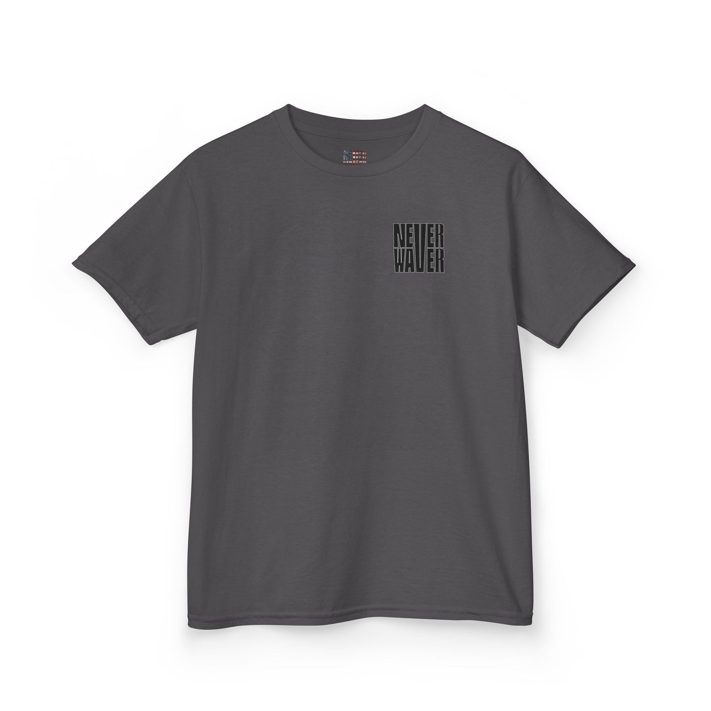 Kids Tee Never Waver” Jesus t-shirt might feature a bold, eye-catching design that reflects a steadfast faith and confidence in Christ.  - Never Waver