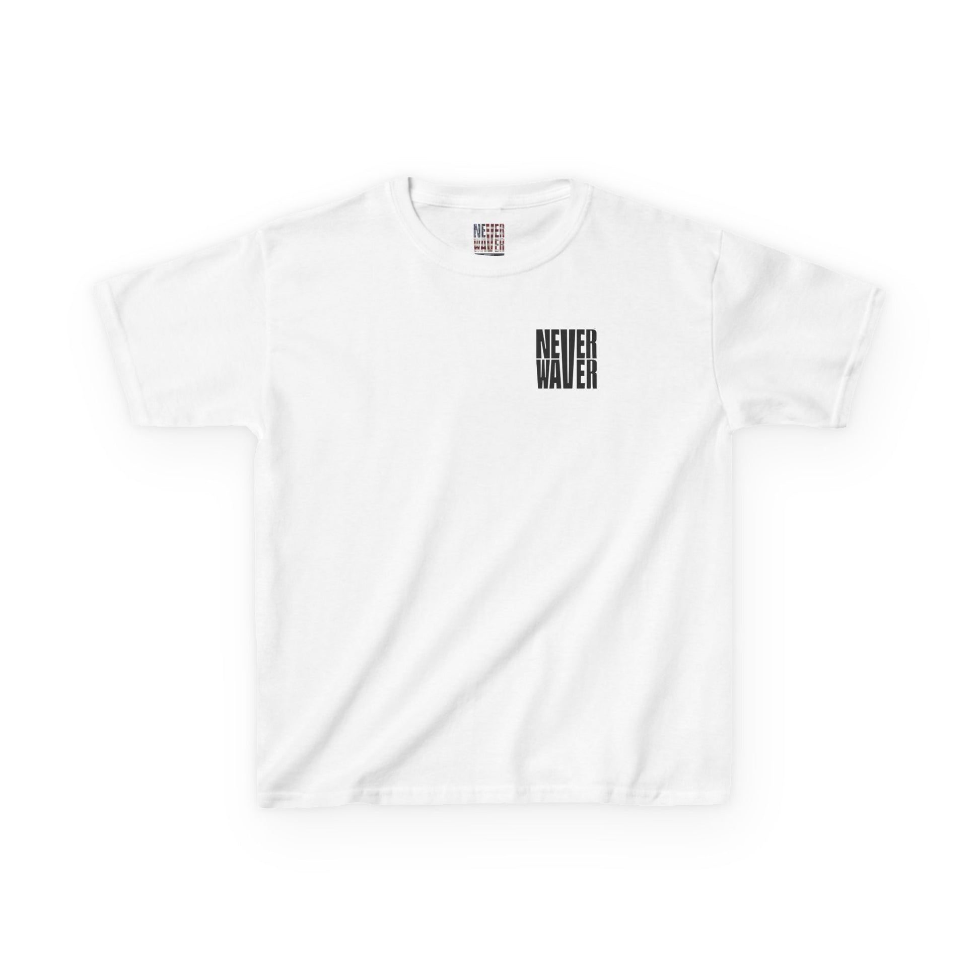 Kids Tee Never Waver” Jesus t-shirt might feature a bold, eye-catching design that reflects a steadfast faith and confidence in Christ.  - Never Waver