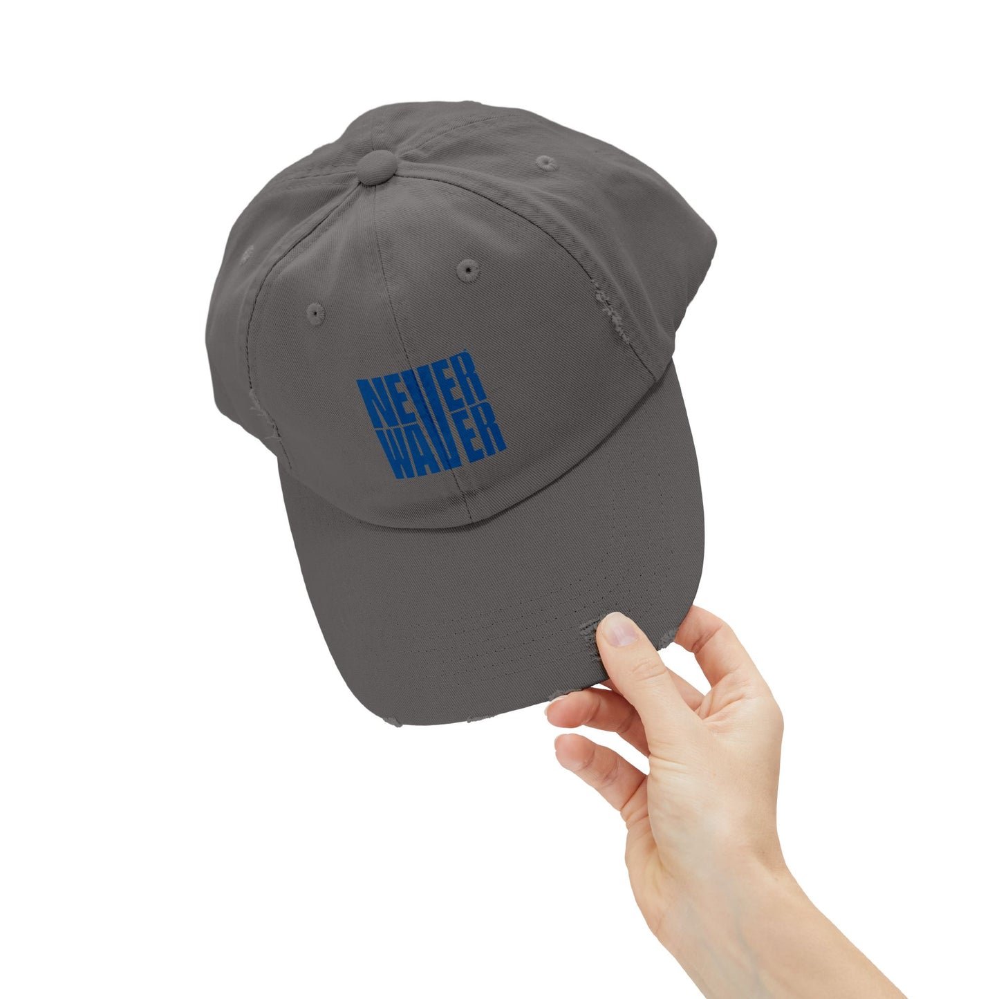 Unisex Distressed Cap - ‘NEVER WAVER’ Motivational Hat for Everyday Inspiration