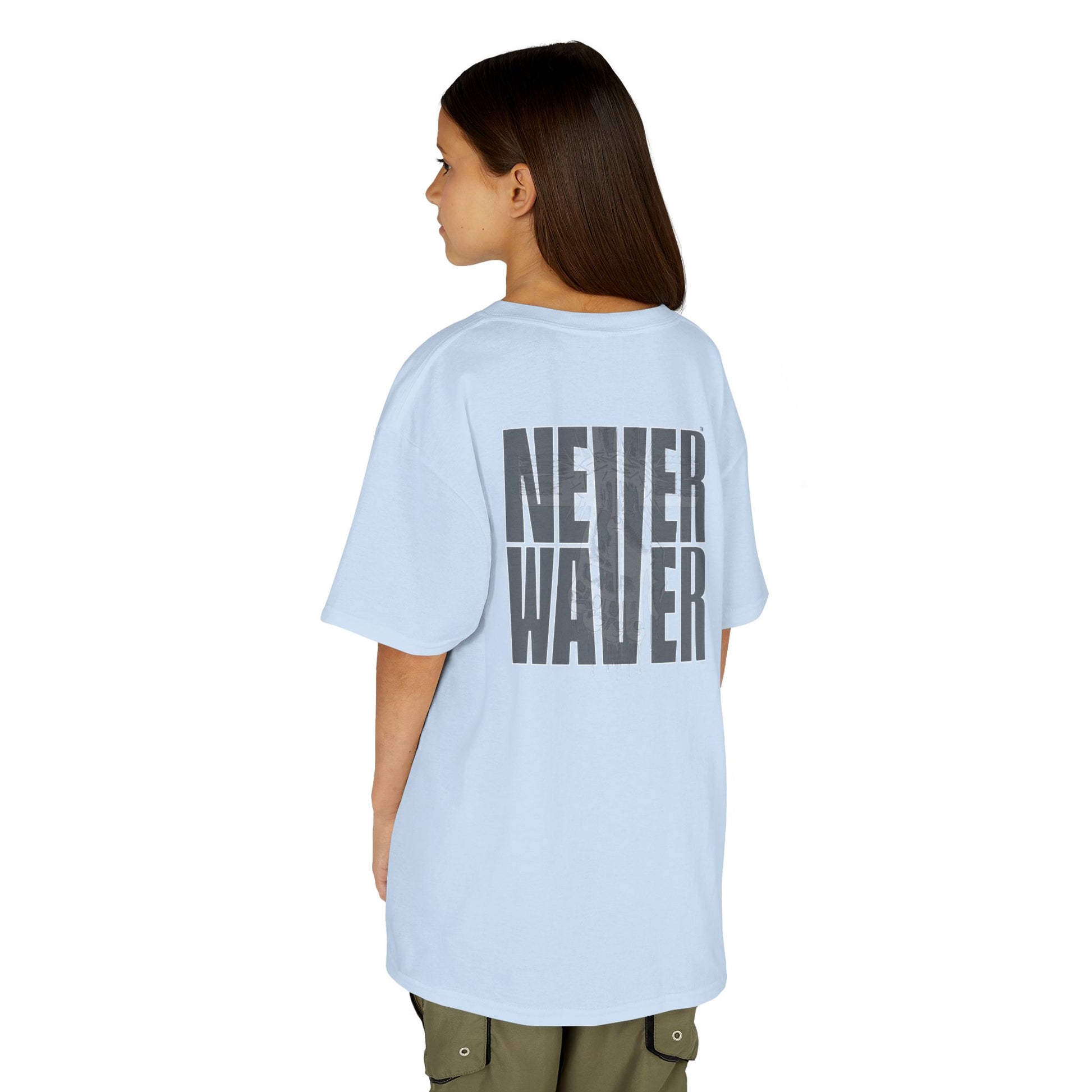 Kids Tee Never Waver” Jesus t-shirt might feature a bold, eye-catching design that reflects a steadfast faith and confidence in Christ.  - Never Waver