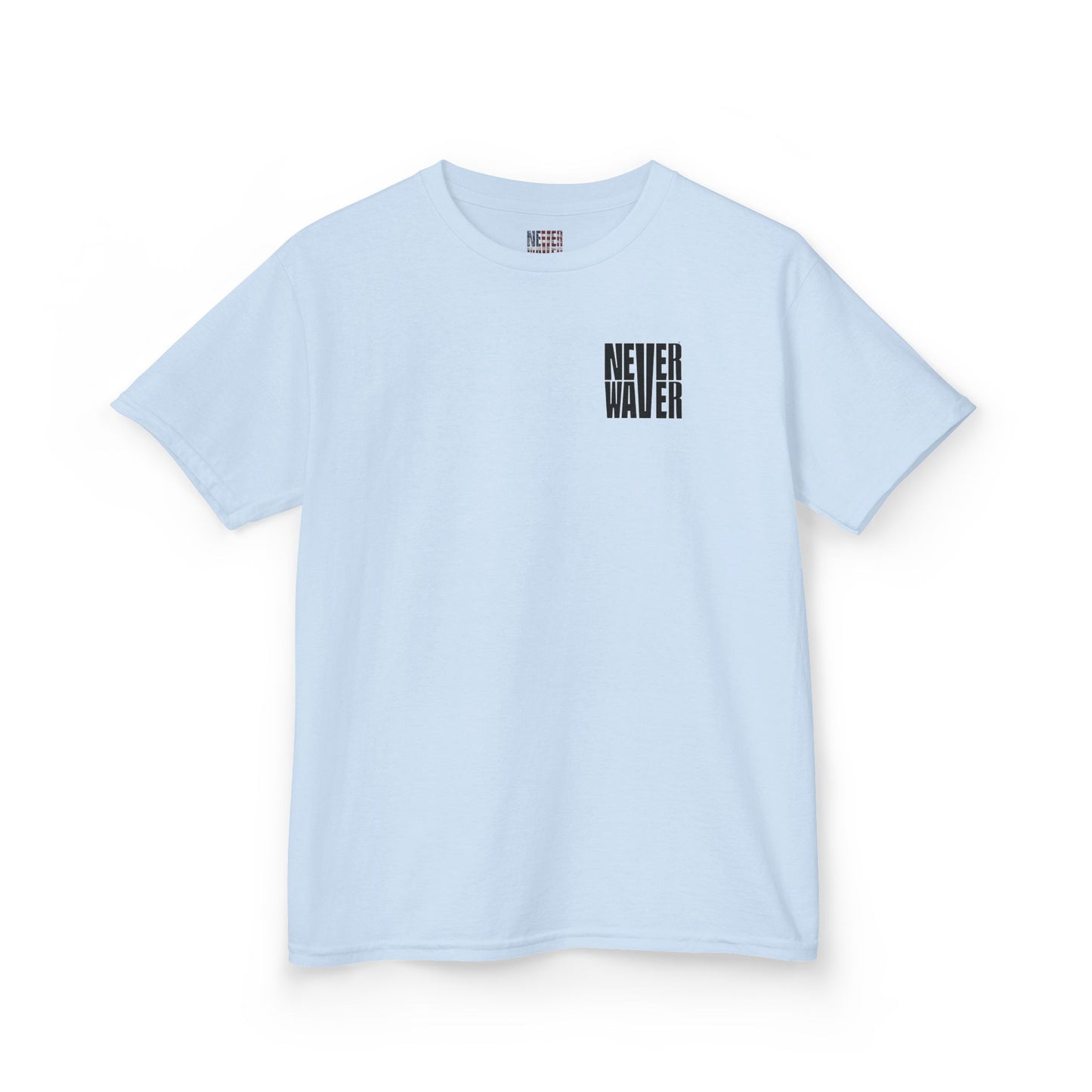 Kids Tee Never Waver” Jesus t-shirt might feature a bold, eye-catching design that reflects a steadfast faith and confidence in Christ.  - Never Waver