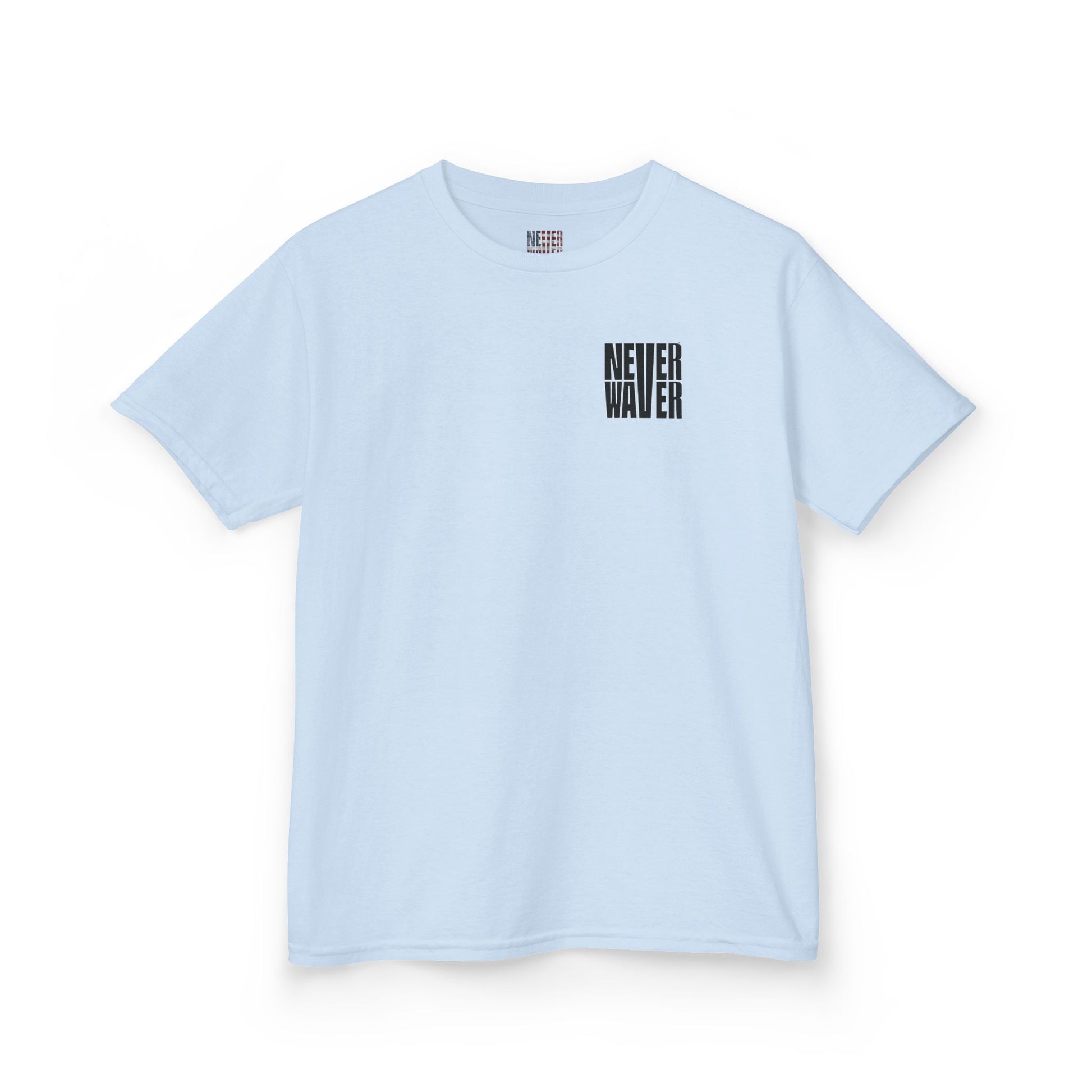 Kids Tee Never Waver” Jesus t-shirt might feature a bold, eye-catching design that reflects a steadfast faith and confidence in Christ.  - Never Waver