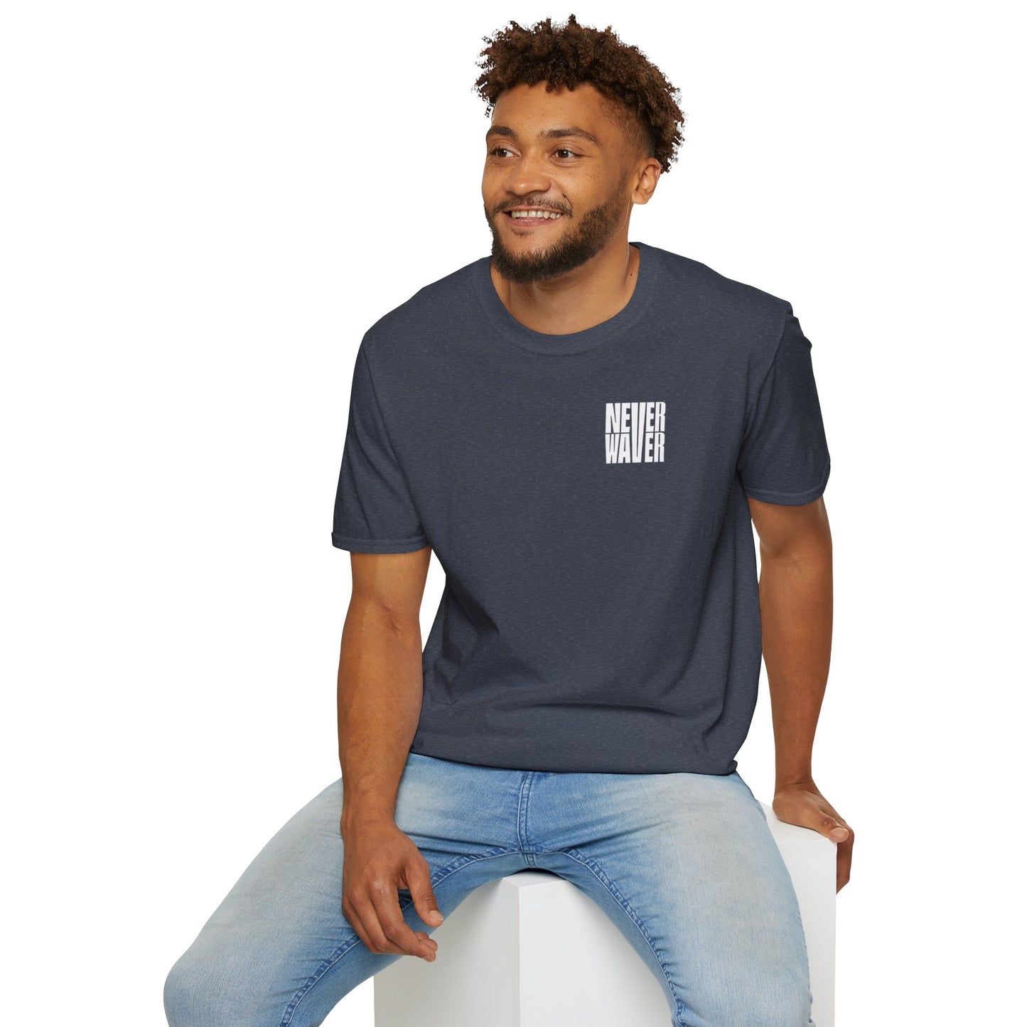 Never Waver” Jesus a bold, eye-catching design that reflects a steadfast faith and confidence in Christ.  Unisex Soft style T-Shirt