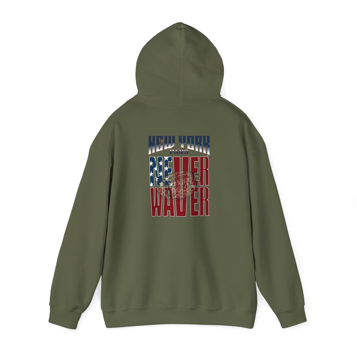 Unisex Heavy Blend™ Hooded Sweatshirt - 'New York Fans Never Waver W Leopard Football' American Pride Design - Never Waver