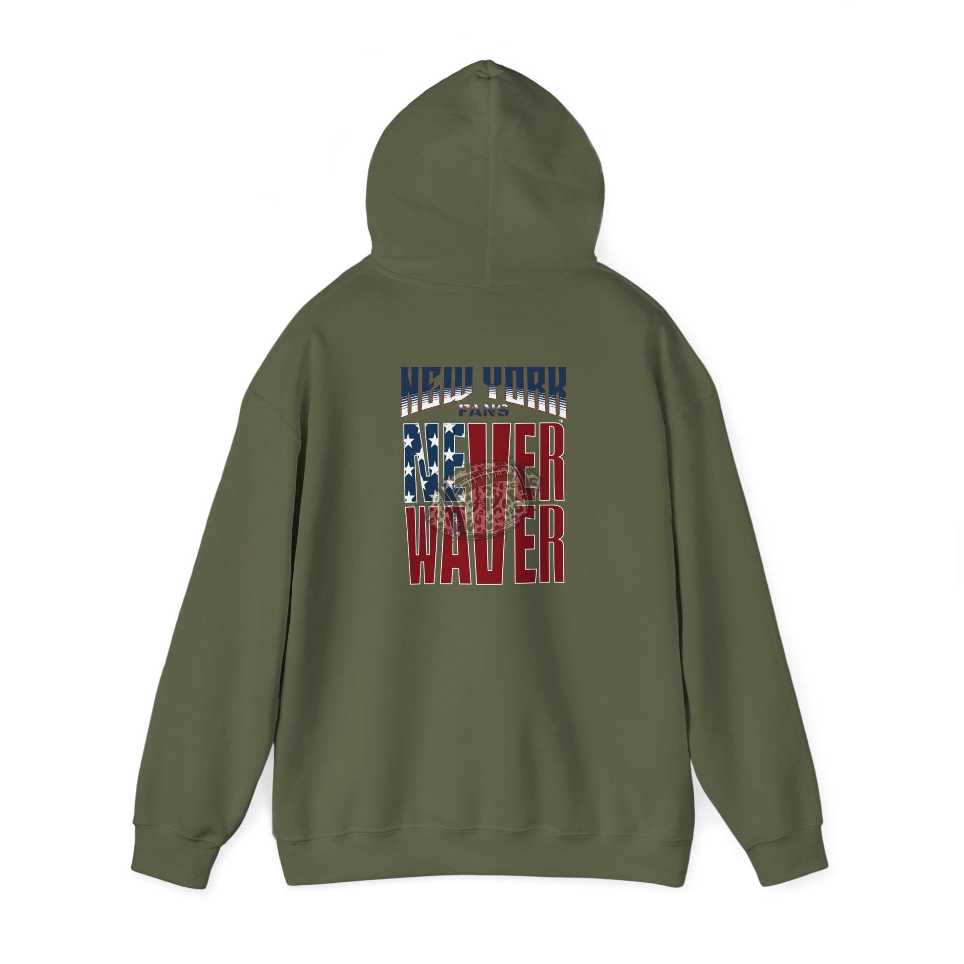 Unisex Heavy Blend™ Hooded Sweatshirt - 'New York Fans Never Waver W Leopard Football' American Pride Design - Never Waver