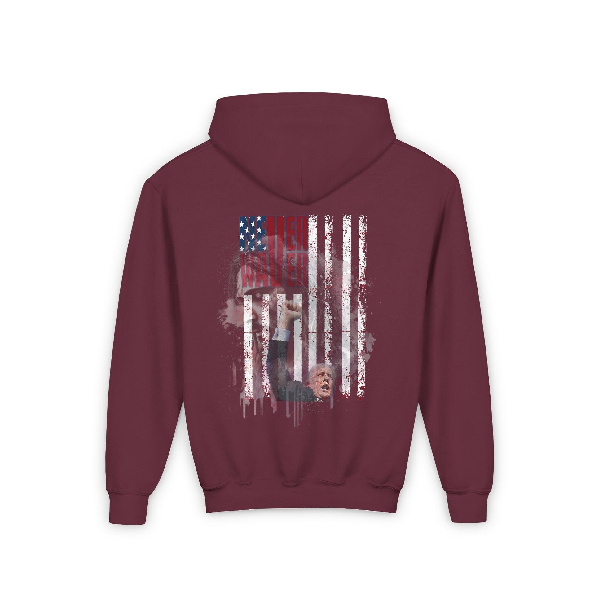 Never Waver Trump Fist Pump W Jesus Protection Vintage-Inspired Youth Hoodie with American Flag Design - Never Waver