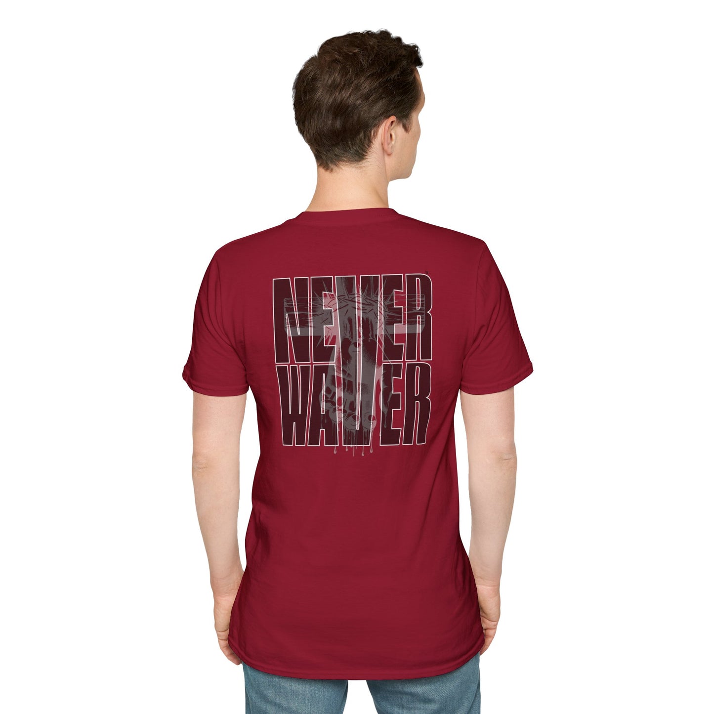 Never Waver” Jesus a bold, eye-catching design that reflects a steadfast faith and confidence in Christ. Unisex Soft style T-Shirt - Never Waver