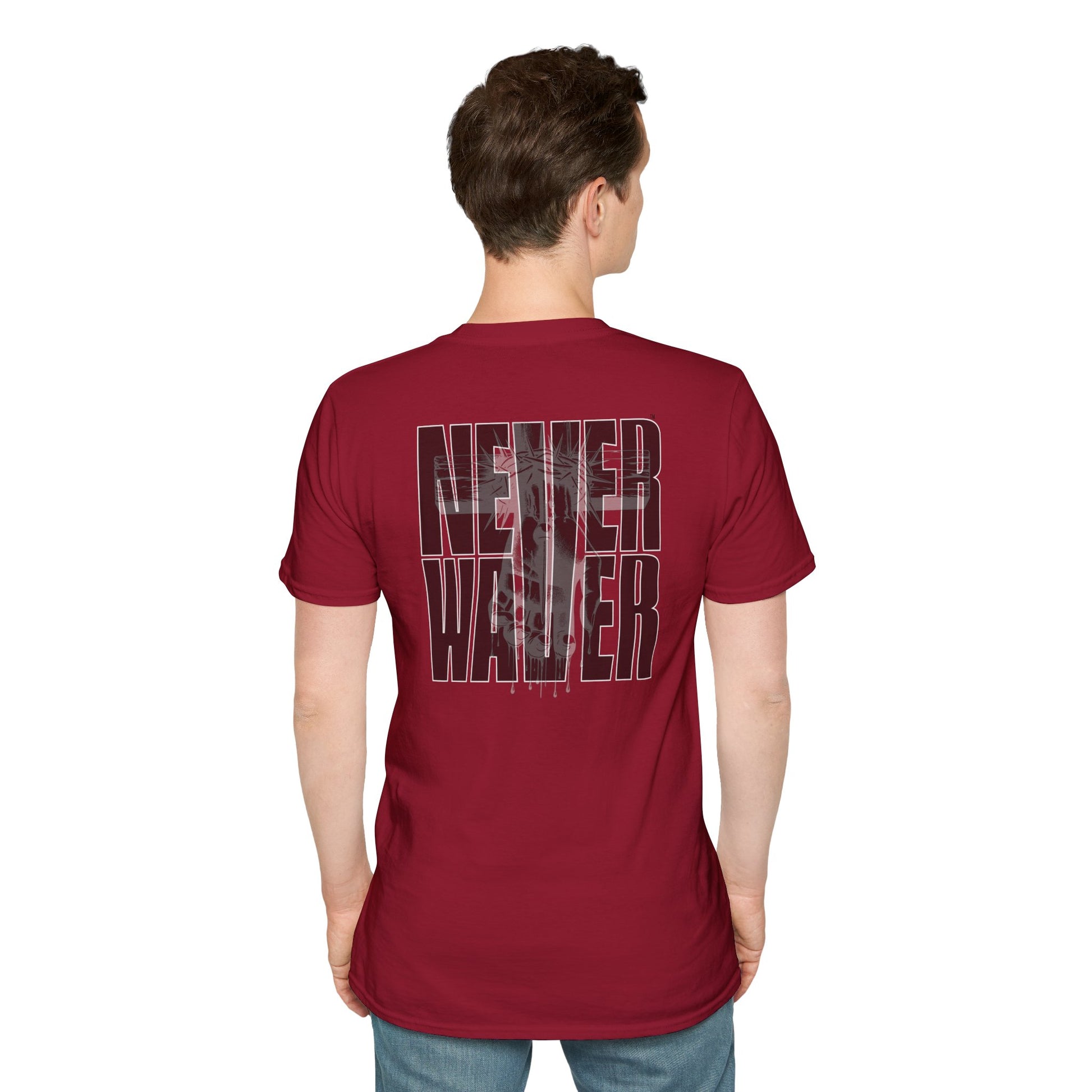 Never Waver” Jesus a bold, eye-catching design that reflects a steadfast faith and confidence in Christ. Unisex Soft style T-Shirt - Never Waver